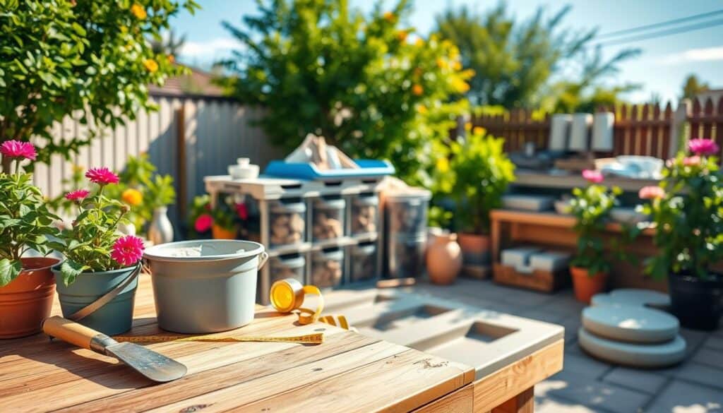 Lush outdoor workspace set for DIY concrete garden stepping stones. In the foreground, a sturdy wooden workbench holds various tools: a trowel, measuring tape, and mixing bucket filled with concrete. Nearby, vibrant potted plants add color. In the middle ground, organized storage bins for materials like stones and molds create a clutter-free environment. The background features a sunny garden with a clear blue sky, allowing soft sunlight to illuminate the scene, casting gentle shadows. The atmosphere is inviting and focused, emphasizing preparation for crafting. Capture with a wide-angle lens to showcase the workspace, filled with bright, natural light, enhancing the feeling of openness and creativity. Lush outdoor workspace set for DIY concrete garden stepping stones. In the foreground, a sturdy wooden workbench holds various tools: a trowel, measuring tape, and mixing bucket filled with concrete. Nearby, vibrant potted plants add color. In the middle ground, organized storage bins for materials like stones and molds create a clutter-free environment. The background features a sunny garden with a clear blue sky, allowing soft sunlight to illuminate the scene, casting gentle shadows. The atmosphere is inviting and focused, emphasizing preparation for crafting. Capture with a wide-angle lens to showcase the workspace, filled with bright, natural light, enhancing the feeling of openness and creativity.