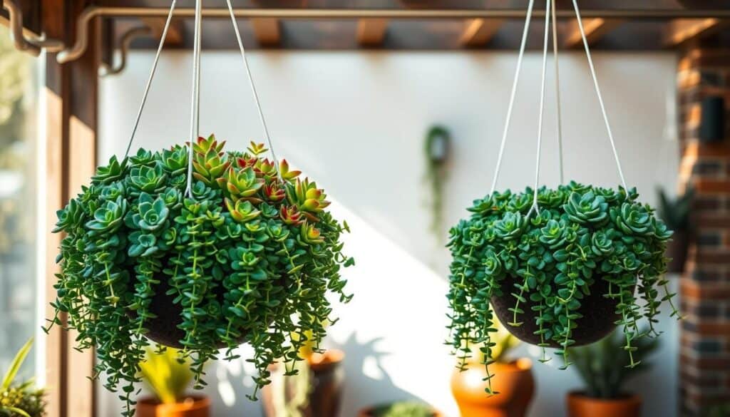 Lush succulent hanging baskets filled with vibrant green and colorful varieties, including Echeveria and String of Pearls, elegantly trailing down. Arrange the baskets in a modern, stylish patio setting, suspended from a minimalist wooden beam. In the foreground, showcase intricate details of the fleshy leaves glistening in soft, dappled sunlight. In the middle background, incorporate a few stylish terracotta pots with trailing plants like Sedum and trailing ivy cascading down. Enhance the airy and bright atmosphere with gentle sunlight filtering through, creating warm shadows. Use a wide-angle lens to capture the depth of the space, aiming for a fresh, inviting mood that highlights the beauty of modern plant displays, perfect for patios or balconies. Lush succulent hanging baskets filled with vibrant green and colorful varieties, including Echeveria and String of Pearls, elegantly trailing down. Arrange the baskets in a modern, stylish patio setting, suspended from a minimalist wooden beam. In the foreground, showcase intricate details of the fleshy leaves glistening in soft, dappled sunlight. In the middle background, incorporate a few stylish terracotta pots with trailing plants like Sedum and trailing ivy cascading down. Enhance the airy and bright atmosphere with gentle sunlight filtering through, creating warm shadows. Use a wide-angle lens to capture the depth of the space, aiming for a fresh, inviting mood that highlights the beauty of modern plant displays, perfect for patios or balconies.