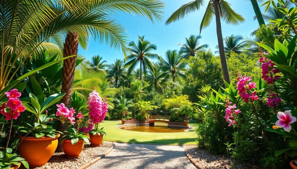 Lush tropical garden design featuring vibrant greenery, including palm trees and flowering hibiscus plants, in a beautifully arranged setting. In the foreground, a cozy gravel pathway lined with decorative terracotta pots filled with colorful orchids, inviting visitors deeper into the garden. The middle ground showcases a tranquil pond with a small wooden bridge, surrounded by exotic ferns and bamboo. In the background, tall tropical trees gently frame the scene under a clear blue sky, filtered sunlight casting dappled shadows on the ground. The atmosphere evokes serenity and tropical bliss, with bright natural light illuminating the vibrant colors of the plants. Capture this scene with a wide-angle lens to emphasize the lushness and depth, creating an inviting garden oasis feel. Lush tropical garden design featuring vibrant greenery, including palm trees and flowering hibiscus plants, in a beautifully arranged setting. In the foreground, a cozy gravel pathway lined with decorative terracotta pots filled with colorful orchids, inviting visitors deeper into the garden. The middle ground showcases a tranquil pond with a small wooden bridge, surrounded by exotic ferns and bamboo. In the background, tall tropical trees gently frame the scene under a clear blue sky, filtered sunlight casting dappled shadows on the ground. The atmosphere evokes serenity and tropical bliss, with bright natural light illuminating the vibrant colors of the plants. Capture this scene with a wide-angle lens to emphasize the lushness and depth, creating an inviting garden oasis feel.
