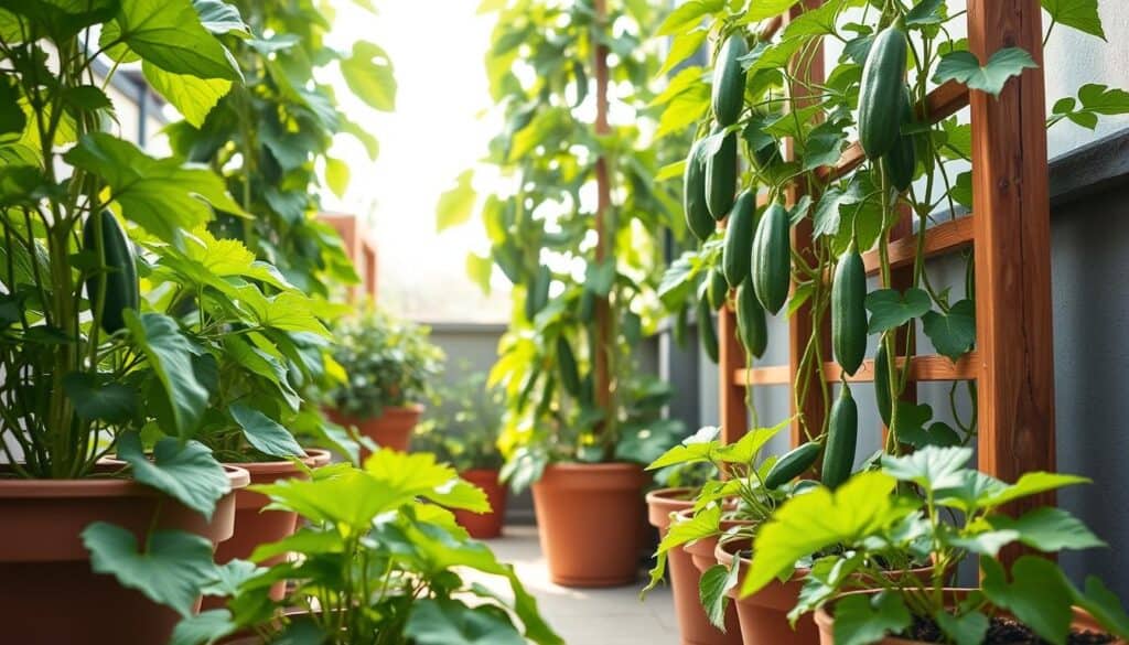 Lush vertical cucumber gardening in pots, showcasing healthy green vines climbing a wooden trellis. In the foreground, there are vibrant cucumber plants, their sturdy pots arranged neatly on a small patio. The middle ground features the trellis with rich foliage and ripe cucumbers hanging, creating a scene of abundance. The background captures a bright, airy atmosphere with soft sunlight filtering through, illuminating the entire setup. The scene is framed in a way that emphasizes the vertical growth, making it visually appealing for small space gardening enthusiasts. The overall mood is fresh, inviting, and inspiring, perfect for showcasing essential gear for container gardening. Lush vertical cucumber gardening in pots, showcasing healthy green vines climbing a wooden trellis. In the foreground, there are vibrant cucumber plants, their sturdy pots arranged neatly on a small patio. The middle ground features the trellis with rich foliage and ripe cucumbers hanging, creating a scene of abundance. The background captures a bright, airy atmosphere with soft sunlight filtering through, illuminating the entire setup. The scene is framed in a way that emphasizes the vertical growth, making it visually appealing for small space gardening enthusiasts. The overall mood is fresh, inviting, and inspiring, perfect for showcasing essential gear for container gardening.