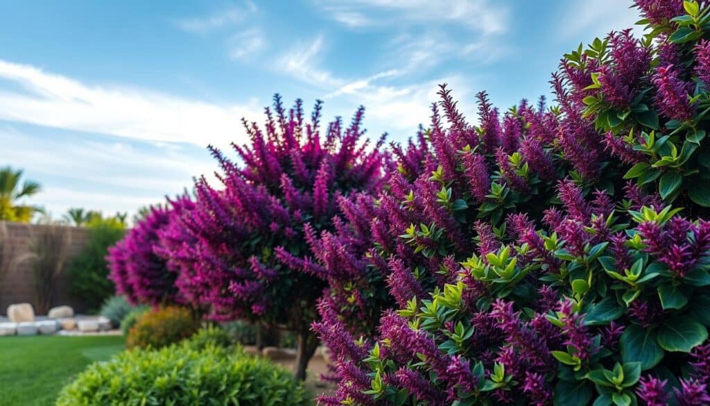 Lush, vibrant drought-resistant shrubs dominate the foreground, showcasing rich greens and striking purples, perfect for creating a natural privacy screen. In the middle ground, these hardy bushes blend harmoniously with an airy garden space, adorned with subtle, decorative stones and a hint of contrasting native grasses. The background features a blue sky with wispy clouds, allowing soft sunlight to filter through, casting gentle shadows on the foliage. Emphasize the textures of the leaves and the varied shapes of the shrubs, with a focus on realism. The atmosphere is serene and inviting, ideal for a tranquil backyard retreat. The composition should capture the beauty of sustainable gardening while highlighting the vibrant colors and shapes of these resilient plants.