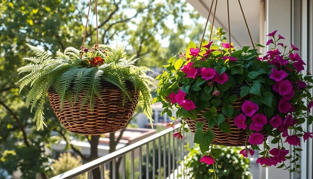 Lush, vibrant shade-hanging basket plants arranged gracefully on a balcony, featuring delicate ferns, variegated ivy, and colorful begonias. The foreground shows the intricately woven baskets, filled to the brim with lush greenery and pops of color. In the middle ground, sunlight filters through leafy trees, casting soft shadows and illuminating the foliage. The background captures a serene urban setting, hinting at a gentle breeze. The overall mood is tranquil and inviting, emphasizing the beauty of shade-tolerant plants in a peaceful north-facing space. The scene is bathed in bright natural light, enhancing the freshness of the plants, shot from a slightly elevated angle to showcase the arrangement effectively. Lush, vibrant shade-hanging basket plants arranged gracefully on a balcony, featuring delicate ferns, variegated ivy, and colorful begonias. The foreground shows the intricately woven baskets, filled to the brim with lush greenery and pops of color. In the middle ground, sunlight filters through leafy trees, casting soft shadows and illuminating the foliage. The background captures a serene urban setting, hinting at a gentle breeze. The overall mood is tranquil and inviting, emphasizing the beauty of shade-tolerant plants in a peaceful north-facing space. The scene is bathed in bright natural light, enhancing the freshness of the plants, shot from a slightly elevated angle to showcase the arrangement effectively.