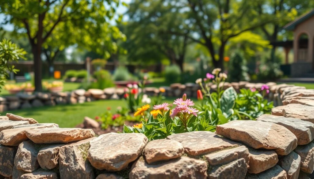 Natural stone garden borders create a stunning rustic charm in an outdoor garden setting. The foreground showcases meticulously arranged, weathered stones of varying shapes and sizes, forming a curved border around vibrant flower beds. In the middle ground, lush green plants and colorful blooms burst forth, their textures contrasting beautifully with the rough stone. The background features a soft-focus view of a sunny garden, with leafy trees and a clear blue sky lending a serene atmosphere. Capture the scene in bright natural light, emphasizing soft sunlight filtering through leaves, casting gentle shadows. A shallow depth of field draws attention to the details of the stones and plants, evoking a peaceful, inviting vibe perfect for any garden enthusiast.