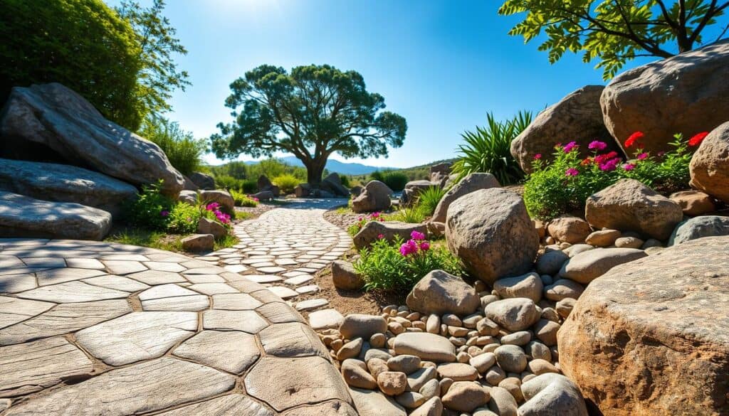 Naturalistic stone patterns in a rock garden, showcasing large boulders and smooth pebbles interspersed with lush greenery and colorful flowering plants. The foreground features a variety of textured stones with intricate natural patterns, reflecting the sunlight. In the middle ground, gently sloping pathways made of smaller stones create an inviting layout. The background reveals a serene, softly blurred landscape of larger trees and shrubs under a bright, cheerful blue sky. Soft sunlight bathes the scene, enhancing the warm tones and shadows of the rocks, while the overall atmosphere conveys tranquility and harmony with nature. Capture this scene with a wide-angle lens to emphasize depth and natural beauty. Naturalistic stone patterns in a rock garden, showcasing large boulders and smooth pebbles interspersed with lush greenery and colorful flowering plants. The foreground features a variety of textured stones with intricate natural patterns, reflecting the sunlight. In the middle ground, gently sloping pathways made of smaller stones create an inviting layout. The background reveals a serene, softly blurred landscape of larger trees and shrubs under a bright, cheerful blue sky. Soft sunlight bathes the scene, enhancing the warm tones and shadows of the rocks, while the overall atmosphere conveys tranquility and harmony with nature. Capture this scene with a wide-angle lens to emphasize depth and natural beauty.