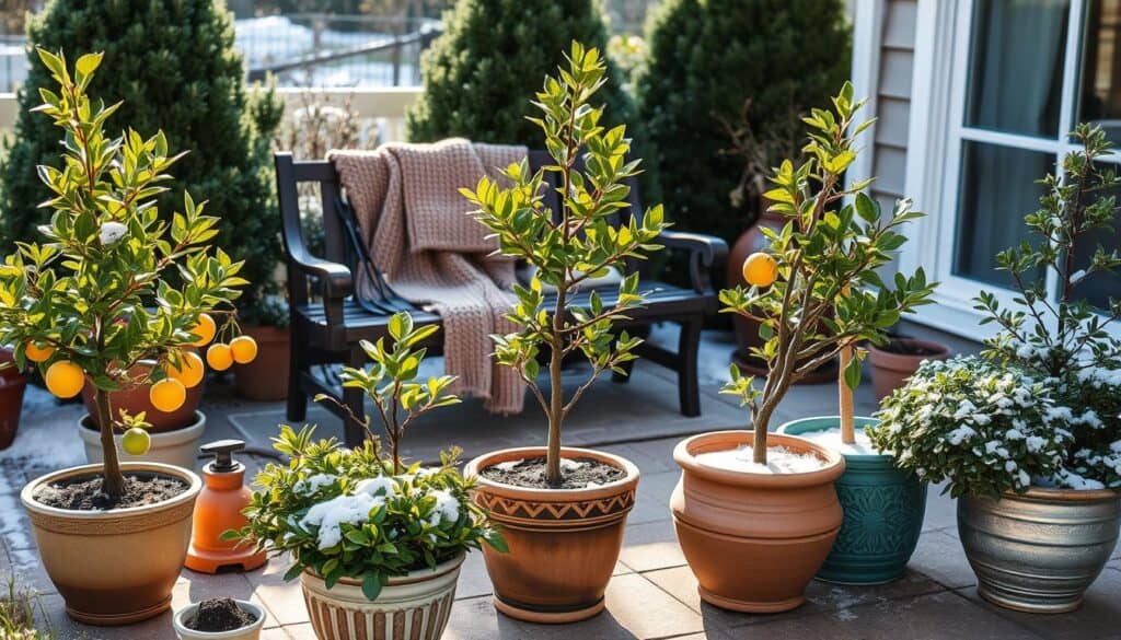 Overwintering potted fruit trees arranged on a cozy patio during winter. In the foreground, show a variety of compact fruit trees in decorative ceramic pots, such as dwarf citrus and apple trees, lightly dusted with snow. In the middle, include a wooden bench with gardening tools and a warm knitted blanket draped over it, suggesting a nurturing environment. The background features a softly lit garden with evergreen shrubs, creating a serene and inviting atmosphere. Capture the scene in bright natural light, with soft sunlight illuminating the potted trees, emphasizing their healthy, vibrant leaves. Aim for a warm, peaceful mood that reflects the care and attention in overwintering strategies. Overwintering potted fruit trees arranged on a cozy patio during winter. In the foreground, show a variety of compact fruit trees in decorative ceramic pots, such as dwarf citrus and apple trees, lightly dusted with snow. In the middle, include a wooden bench with gardening tools and a warm knitted blanket draped over it, suggesting a nurturing environment. The background features a softly lit garden with evergreen shrubs, creating a serene and inviting atmosphere. Capture the scene in bright natural light, with soft sunlight illuminating the potted trees, emphasizing their healthy, vibrant leaves. Aim for a warm, peaceful mood that reflects the care and attention in overwintering strategies.