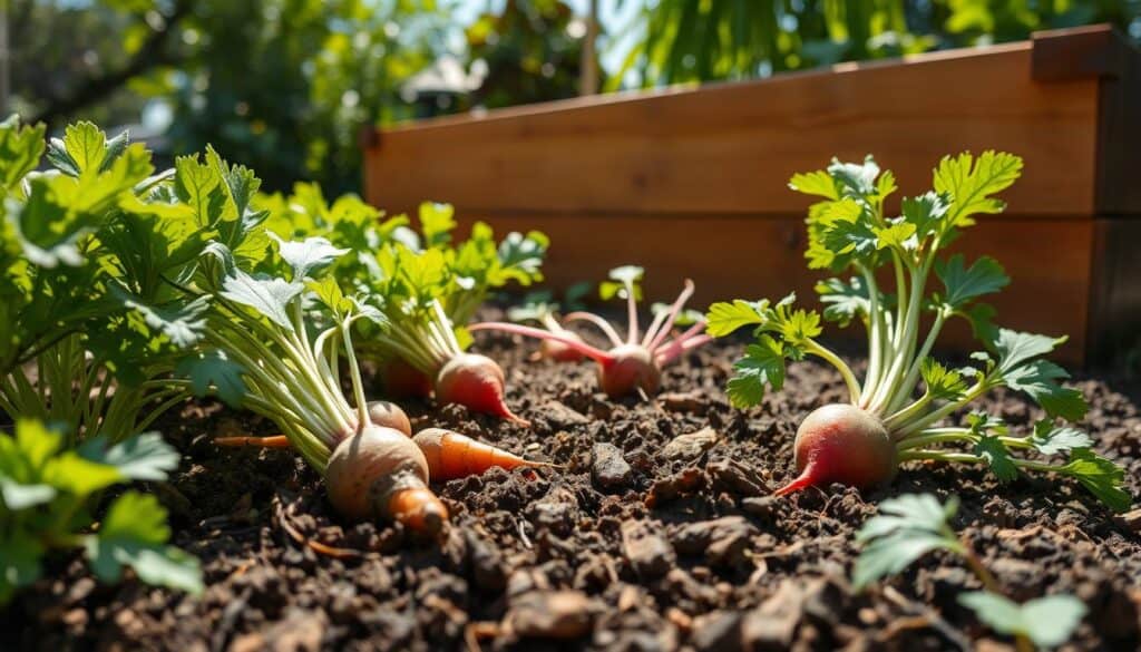 Root vegetables thriving in a lush raised bed garden, vividly showcasing a variety such as carrots, radishes, and beets. The foreground features nutrient-rich, loose soil with visible root systems gently penetrating the earth, surrounded by vibrant green foliage. The middle ground displays a wooden raised bed, stained to a warm brown, contrasting nicely with the earthy tones of the soil and bright color of the vegetables. In the background, a sunlit garden scene with soft, natural lighting filtering through leaves, creating a tranquil atmosphere. This image is taken from a slightly elevated angle, emphasizing the depth and lushness of the garden, capturing the perfect gardening environment for beginners.