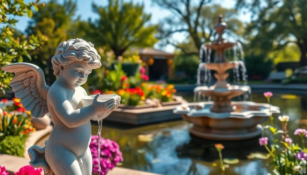 Sophisticated water feature statues as unique garden ornaments in a vibrant garden setting. In the foreground, a gracefully sculpted marble cherub holding a delicate water bowl, water gently cascading over its edges. The middle ground features an elegant stone fountain surrounded by lush greenery and colorful blooming flowers, enhancing the garden's allure. In the background, a serene pond reflects the clear blue sky, with soft sunlight filtering through the leaves of nearby trees. The lighting is bright and natural, creating an airy atmosphere. The scene is composed with a slight depth of field, emphasizing the textures of the statues and plants, resulting in a peaceful and inviting garden sanctuary.