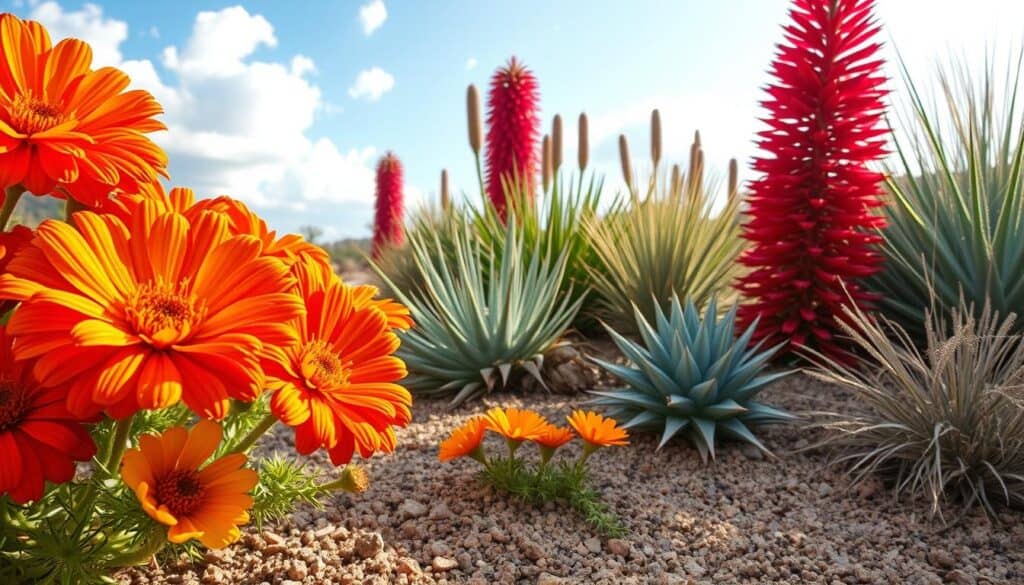 Stunning arid climate plants, featuring vibrant flowering perennials like resilient desert marigolds and striking red yucca, arranged in a visually appealing composition. Foreground: Close-up view of colorful blooms with intricate petal details, dew glistening in the early sunlight. Middle ground: Varied textures of drought-resistant foliage, such as succulents and grasses, alongside rich sandy soil. Background: A clear blue sky with soft, fluffy clouds creating a serene atmosphere. Utilize bright natural light to enhance colors, with soft sunlight filtering through, creating warm highlights and gentle shadows. Capture this scene from a slightly elevated angle to showcase the vibrant foliage against the arid landscape, evoking a sense of tranquility and beauty in a drought-resistant garden setting.