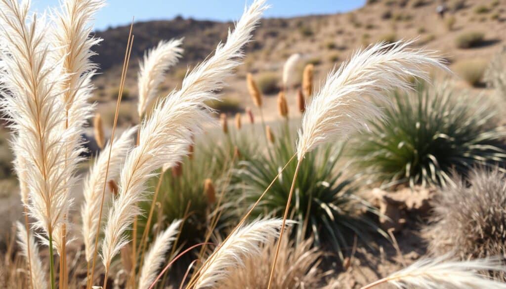 Stunning ornamental grasses in a beautiful dry climate setting, featuring various textures and movement. In the foreground, tall, wispy grasses with feathery plumes sway gently in the soft sunlight, capturing the light's glow. The middle ground showcases clusters of contrasting grasses, some with vibrant seed heads and others with rich green tones, creating depth and visual interest. The background features a softly blurred landscape of arid terrain, dotted with subtle earthy tones and hints of other drought-resistant plants. The atmosphere is serene and inviting, evoking warmth and tranquility. The image is bathed in bright, natural light, with an emphasis on the graceful movement of the grasses, captured from a low angle to highlight their height against a clear blue sky.