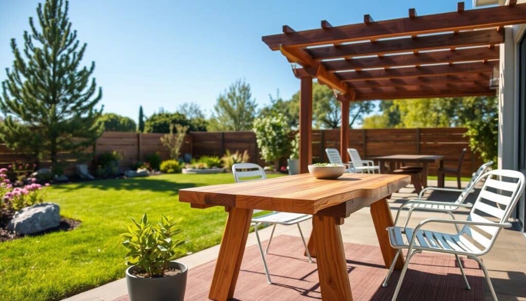 Stylish outdoor furniture displayed in a cozy garden setting, featuring a modern patio table made of reclaimed wood, paired with chic, budget-friendly aluminum chairs. In the foreground, a small potted plant adds a touch of greenery. The middle ground showcases a well-maintained lawn with blooming flowers and decorative stones, while a wooden pergola is gently shaded for relaxation. Soft, natural lighting bathes the scene, creating a warm and inviting atmosphere. The background includes tall trees swaying lightly in the breeze and a clear blue sky above. The image is captured with a wide-angle lens to embrace the entire setting, emphasizing a tranquil and affordable outdoor living space, perfect for entertaining or enjoying leisurely afternoons. Stylish outdoor furniture displayed in a cozy garden setting, featuring a modern patio table made of reclaimed wood, paired with chic, budget-friendly aluminum chairs. In the foreground, a small potted plant adds a touch of greenery. The middle ground showcases a well-maintained lawn with blooming flowers and decorative stones, while a wooden pergola is gently shaded for relaxation. Soft, natural lighting bathes the scene, creating a warm and inviting atmosphere. The background includes tall trees swaying lightly in the breeze and a clear blue sky above. The image is captured with a wide-angle lens to embrace the entire setting, emphasizing a tranquil and affordable outdoor living space, perfect for entertaining or enjoying leisurely afternoons.