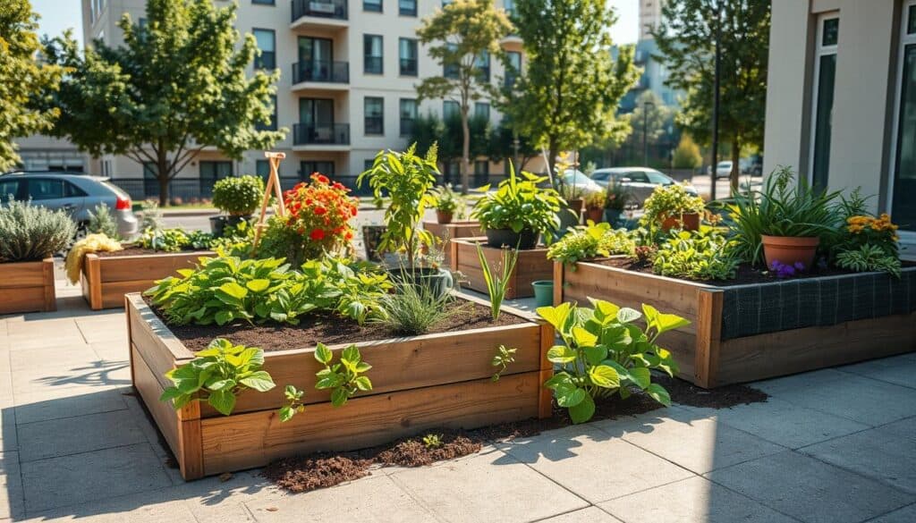 Urban gardening on concrete, featuring a vibrant raised bed garden nestled on a sunlit concrete patio. In the foreground, lush green plants thrive in wooden raised beds filled with rich soil, showcasing a variety of colorful flowers and vegetables. The middle area includes decorative pots and gardening tools, emphasizing the practical aspects of gardening in hard surfaces. In the background, a stylish urban setting is depicted, with a modern apartment building and a tree-lined street. The scene is bathed in soft, natural sunlight, creating an airy and inviting atmosphere. The image captures a sense of tranquility and resilience, highlighting the beauty of urban gardening despite challenges posed by concrete surfaces. The composition is taken from a slightly elevated angle to provide a comprehensive view. Urban gardening on concrete, featuring a vibrant raised bed garden nestled on a sunlit concrete patio. In the foreground, lush green plants thrive in wooden raised beds filled with rich soil, showcasing a variety of colorful flowers and vegetables. The middle area includes decorative pots and gardening tools, emphasizing the practical aspects of gardening in hard surfaces. In the background, a stylish urban setting is depicted, with a modern apartment building and a tree-lined street. The scene is bathed in soft, natural sunlight, creating an airy and inviting atmosphere. The image captures a sense of tranquility and resilience, highlighting the beauty of urban gardening despite challenges posed by concrete surfaces. The composition is taken from a slightly elevated angle to provide a comprehensive view.