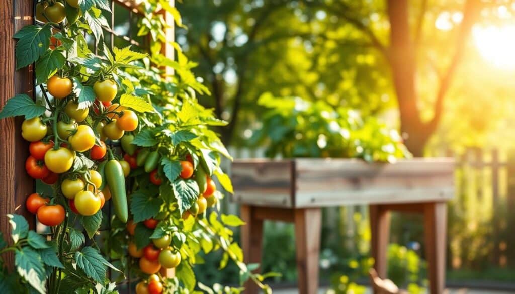 Vertical garden planters filled with vibrant green tomato, pepper, and cucumber plants, arranged in a cascading style on a wooden trellis. The foreground features a close-up of the planters, showcasing the lush foliage and ripe fruits. In the middle ground, a well-crafted elevated planter with a rustic finish is elegantly positioned, allowing easy access for gardening. The background presents a sunny outdoor setting with soft sunlight filtering through leafy trees, creating a warm, inviting atmosphere. The scene conveys a sense of tranquility and connection to nature, with a slight depth of field to emphasize the plant details. The overall mood is fresh, lively, and encouraging for ergonomic gardening practices. Vertical garden planters filled with vibrant green tomato, pepper, and cucumber plants, arranged in a cascading style on a wooden trellis. The foreground features a close-up of the planters, showcasing the lush foliage and ripe fruits. In the middle ground, a well-crafted elevated planter with a rustic finish is elegantly positioned, allowing easy access for gardening. The background presents a sunny outdoor setting with soft sunlight filtering through leafy trees, creating a warm, inviting atmosphere. The scene conveys a sense of tranquility and connection to nature, with a slight depth of field to emphasize the plant details. The overall mood is fresh, lively, and encouraging for ergonomic gardening practices.