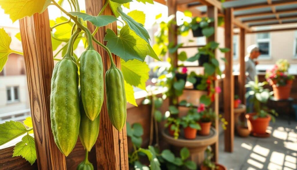 Vertical vegetable gardening scene featuring lush cucumber vines training along a rustic wooden trellis. In the foreground, close-up of vibrant green cucumber leaves and small fruits, showcasing the details of their texture. The middle section reveals a sturdy, vertical container garden on a small patio, adorned with pots of colorful herbs and flowers. In the background, a sun-drenched urban backdrop with soft sunlight filtering through, creating a cheerful and lively atmosphere. Capture the essence of a well-maintained, inviting gardening space. The image should be bright and airy, with a warm color palette emphasizing the natural beauty of the vegetables. Aim for a slightly angled view to enhance depth and interest, without any text or overlays. Vertical vegetable gardening scene featuring lush cucumber vines training along a rustic wooden trellis. In the foreground, close-up of vibrant green cucumber leaves and small fruits, showcasing the details of their texture. The middle section reveals a sturdy, vertical container garden on a small patio, adorned with pots of colorful herbs and flowers. In the background, a sun-drenched urban backdrop with soft sunlight filtering through, creating a cheerful and lively atmosphere. Capture the essence of a well-maintained, inviting gardening space. The image should be bright and airy, with a warm color palette emphasizing the natural beauty of the vegetables. Aim for a slightly angled view to enhance depth and interest, without any text or overlays.