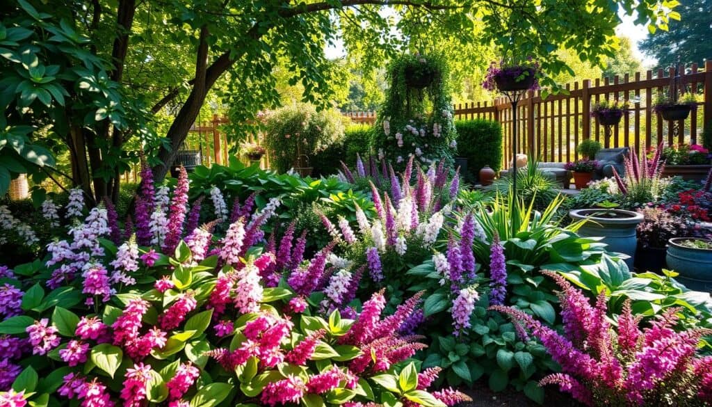 Vibrant shade-loving perennials fill a lush garden corner, showcasing a diverse array of colorful blooms such as hostas, astilbes, and bleeding hearts. The foreground features rich green foliage intertwined with clusters of pink, purple, and white flowers, while the middle ground reveals a cascading display of dense plants beneath a canopy of trees. Soft, dappled sunlight filters through the leaves, casting gentle shadows and creating a serene atmosphere. The background holds hints of garden décor, such as rustic wooden planters and subtle fencing, enhancing the homey feel. The image should be captured in a wide-angle view to emphasize depth, with bright, natural lighting to highlight the vivid colors and textures, evoking a sense of tranquility and beauty in shaded spaces. Vibrant shade-loving perennials fill a lush garden corner, showcasing a diverse array of colorful blooms such as hostas, astilbes, and bleeding hearts. The foreground features rich green foliage intertwined with clusters of pink, purple, and white flowers, while the middle ground reveals a cascading display of dense plants beneath a canopy of trees. Soft, dappled sunlight filters through the leaves, casting gentle shadows and creating a serene atmosphere. The background holds hints of garden décor, such as rustic wooden planters and subtle fencing, enhancing the homey feel. The image should be captured in a wide-angle view to emphasize depth, with bright, natural lighting to highlight the vivid colors and textures, evoking a sense of tranquility and beauty in shaded spaces.