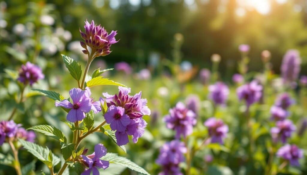 Wild bergamot bee balm in full bloom with clusters of vibrant purple flowers, displaying delicate, frilled petals attracting honeybees and butterflies. In the foreground, focus on a few blossoms with lush green leaves, glistening with morning dew. The middle ground features additional clusters of wild bergamot surrounded by a softly blurred mix of other native plants. In the background, a gentle, sunlit garden landscape with soft bokeh effects adds depth, creating a serene atmosphere. The natural lighting is bright and airy, with soft sunlight filtering through, illuminating the flowers and casting gentle shadows. The scene conveys a sense of tranquility and harmony with nature, ideal for highlighting this beloved pollinator-friendly plant. Wild bergamot bee balm in full bloom with clusters of vibrant purple flowers, displaying delicate, frilled petals attracting honeybees and butterflies. In the foreground, focus on a few blossoms with lush green leaves, glistening with morning dew. The middle ground features additional clusters of wild bergamot surrounded by a softly blurred mix of other native plants. In the background, a gentle, sunlit garden landscape with soft bokeh effects adds depth, creating a serene atmosphere. The natural lighting is bright and airy, with soft sunlight filtering through, illuminating the flowers and casting gentle shadows. The scene conveys a sense of tranquility and harmony with nature, ideal for highlighting this beloved pollinator-friendly plant.
