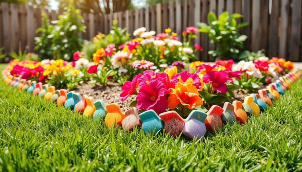 a beautifully arranged recycled garden edging made from colorful rubber and plastic materials, featuring curved and straight sections that define the flower beds in a vibrant home garden. In the foreground, focus on the unique textures and bright hues of the recycled materials, contrasting against the lush green grass. In the middle, showcase various blooming flowers in a carefully maintained flower bed, with the recycled edging neatly outlining the beds. The background should feature a sunny sky, natural light enhancing the colors, and perhaps a glimpse of a wooden fence or trees adding depth to the scene. The atmosphere feels fresh and inviting, embodying eco-friendliness and creativity in gardening. Capture this from a slightly elevated angle, with soft sunlight filtering through, creating a warm and welcoming vibe.