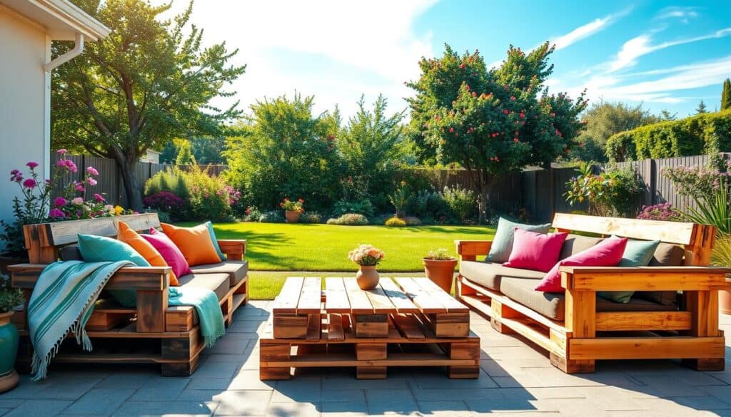 a cozy outdoor seating setup featuring functional pallet furniture. In the foreground, a group of rustic wooden pallets arranged as a comfortable sofa with colorful cushions and throws, complemented by a small, handmade coffee table. In the middle ground, a lush green backyard with blooming flowers and potted plants, adding vibrancy. The background showcases a clear blue sky, wispy clouds, and trees providing natural shade. The scene is illuminated by bright, soft sunlight, casting gentle shadows. Capture the mood of a serene afternoon, inviting relaxation and gathering. Use a slightly elevated angle to encompass the furniture and surrounding nature, ensuring a warm and inviting atmosphere without any text or watermarks. a cozy outdoor seating setup featuring functional pallet furniture. In the foreground, a group of rustic wooden pallets arranged as a comfortable sofa with colorful cushions and throws, complemented by a small, handmade coffee table. In the middle ground, a lush green backyard with blooming flowers and potted plants, adding vibrancy. The background showcases a clear blue sky, wispy clouds, and trees providing natural shade. The scene is illuminated by bright, soft sunlight, casting gentle shadows. Capture the mood of a serene afternoon, inviting relaxation and gathering. Use a slightly elevated angle to encompass the furniture and surrounding nature, ensuring a warm and inviting atmosphere without any text or watermarks.