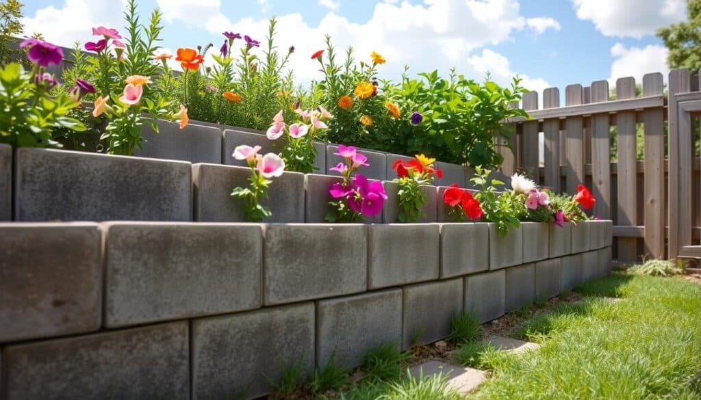 A DIY cinder block planter wall set in a small patio garden, arranged in a staggered pattern filled with vibrant flowers and lush greenery. The foreground features a close-up on the textured surface of the cinder blocks, showcasing their natural gray color. The middle ground includes various flowering plants like petunias and succulents growing from the blocks, bursting with color against the stark concrete. In the background, a sunny sky with fluffy clouds filters soft sunlight, casting gentle shadows on the ground. The atmosphere is cheerful and inviting, conveying a serene, homey oasis. Capture this scene with a wide-angle lens perspective that enhances the verticality of the planter wall, framed by a simple wooden fence for added context. A DIY cinder block planter wall set in a small patio garden, arranged in a staggered pattern filled with vibrant flowers and lush greenery. The foreground features a close-up on the textured surface of the cinder blocks, showcasing their natural gray color. The middle ground includes various flowering plants like petunias and succulents growing from the blocks, bursting with color against the stark concrete. In the background, a sunny sky with fluffy clouds filters soft sunlight, casting gentle shadows on the ground. The atmosphere is cheerful and inviting, conveying a serene, homey oasis. Capture this scene with a wide-angle lens perspective that enhances the verticality of the planter wall, framed by a simple wooden fence for added context.