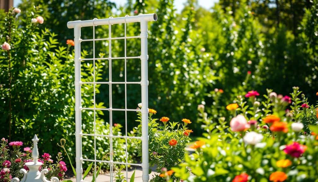 A PVC pipe garden trellis stands elegantly in a lush garden setting, surrounded by vibrant green plants and blooming flowers. The trellis showcases a simple yet effective design, featuring neatly arranged horizontal and vertical PVC pipes forming a grid-like structure perfect for climbing vines. The background is filled with soft, sunlit foliage, creating a serene and inviting atmosphere. The scene is illuminated by bright natural light, casting gentle shadows that enhance the details of the trellis and surrounding flora. A shallow depth of field focuses on the trellis while softly blurring the background, drawing attention to the DIY design. The overall mood is bright, airy, and inspiring, ideal for showcasing affordable gardening creativity. A PVC pipe garden trellis stands elegantly in a lush garden setting, surrounded by vibrant green plants and blooming flowers. The trellis showcases a simple yet effective design, featuring neatly arranged horizontal and vertical PVC pipes forming a grid-like structure perfect for climbing vines. The background is filled with soft, sunlit foliage, creating a serene and inviting atmosphere. The scene is illuminated by bright natural light, casting gentle shadows that enhance the details of the trellis and surrounding flora. A shallow depth of field focuses on the trellis while softly blurring the background, drawing attention to the DIY design. The overall mood is bright, airy, and inspiring, ideal for showcasing affordable gardening creativity.