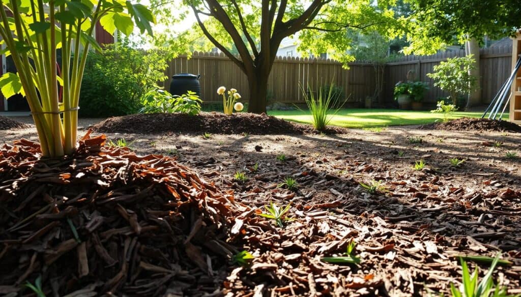 A backyard garden scene depicting common mulching mistakes. In the foreground, piles of mulch improperly placed against plant bases, covering stems and roots. Shredded bark and grass clippings scattered unevenly, creating a patchy look. The middle ground features a garden bed with wilting plants, showing signs of over-mulching, while other areas lack sufficient coverage, exposing bare soil. Bright, natural light filters through leafy trees, casting soft, dappled shadows. In the background, a wooden fence and a garden tool shed, enhancing the homely atmosphere. The scene captures a sense of neglect and confusion, with a focus on improper mulching techniques that hinder plant health and garden aesthetics. A backyard garden scene depicting common mulching mistakes. In the foreground, piles of mulch improperly placed against plant bases, covering stems and roots. Shredded bark and grass clippings scattered unevenly, creating a patchy look. The middle ground features a garden bed with wilting plants, showing signs of over-mulching, while other areas lack sufficient coverage, exposing bare soil. Bright, natural light filters through leafy trees, casting soft, dappled shadows. In the background, a wooden fence and a garden tool shed, enhancing the homely atmosphere. The scene captures a sense of neglect and confusion, with a focus on improper mulching techniques that hinder plant health and garden aesthetics.