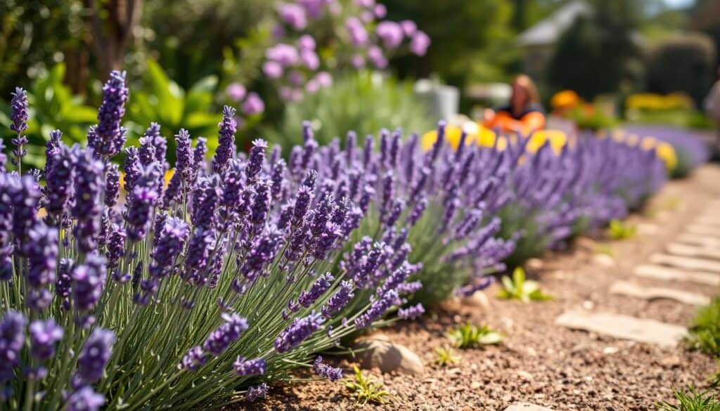 A beautiful garden border filled with lush lavender plants in full bloom, creating a vibrant purple-hued line along a well-maintained pathway. In the foreground, the delicate lavender flowers sway gently in the breeze, their rich colors contrasting with the earthy tones of the soil. In the middle ground, a few snippets of greenery and rustic stones enhance the natural look of the garden border, while the fragrant lavender adds a touch of elegance. The background features a softly blurred garden scene with sun-drenched foliage, bathing the entire composition in warm, bright natural light. The atmosphere is serene and inviting, capturing the essence of a tranquil garden setting. Use a shallow depth of field to emphasize the lavender while keeping the background softly out of focus. A beautiful garden border filled with lush lavender plants in full bloom, creating a vibrant purple-hued line along a well-maintained pathway. In the foreground, the delicate lavender flowers sway gently in the breeze, their rich colors contrasting with the earthy tones of the soil. In the middle ground, a few snippets of greenery and rustic stones enhance the natural look of the garden border, while the fragrant lavender adds a touch of elegance. The background features a softly blurred garden scene with sun-drenched foliage, bathing the entire composition in warm, bright natural light. The atmosphere is serene and inviting, capturing the essence of a tranquil garden setting. Use a shallow depth of field to emphasize the lavender while keeping the background softly out of focus.