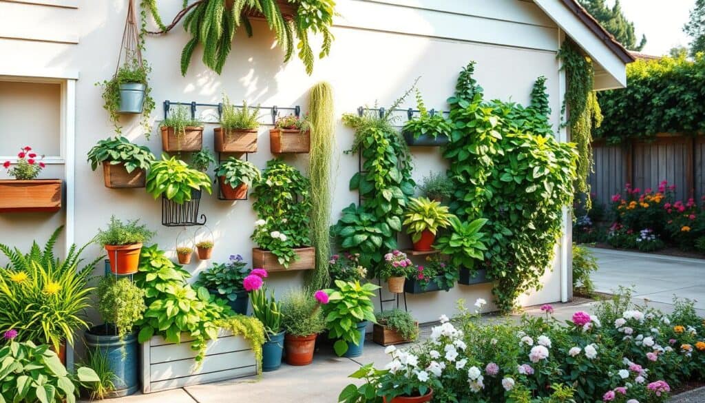 A beautiful vertical garden cascading down a rustic garage wall, brimming with vibrant green plants, colorful flowers, and herbs. In the foreground, a variety of planters, including wooden boxes and metal wall pockets, showcase an assortment of lush greenery. The middle section features the garage, painted in soft pastel colors, with sunlight filtering through overhead, casting gentle shadows. The background includes a neat driveway and a surrounding garden filled with blooming perennials, creating a serene atmosphere. The image captures the essence of a well-maintained home exterior, illuminated by soft, natural light, emphasizing the beauty of vertical gardening. The composition is shot with a wide-angle lens to encompass the full height of the garden and garage, ensuring clarity and depth. A beautiful vertical garden cascading down a rustic garage wall, brimming with vibrant green plants, colorful flowers, and herbs. In the foreground, a variety of planters, including wooden boxes and metal wall pockets, showcase an assortment of lush greenery. The middle section features the garage, painted in soft pastel colors, with sunlight filtering through overhead, casting gentle shadows. The background includes a neat driveway and a surrounding garden filled with blooming perennials, creating a serene atmosphere. The image captures the essence of a well-maintained home exterior, illuminated by soft, natural light, emphasizing the beauty of vertical gardening. The composition is shot with a wide-angle lens to encompass the full height of the garden and garage, ensuring clarity and depth.