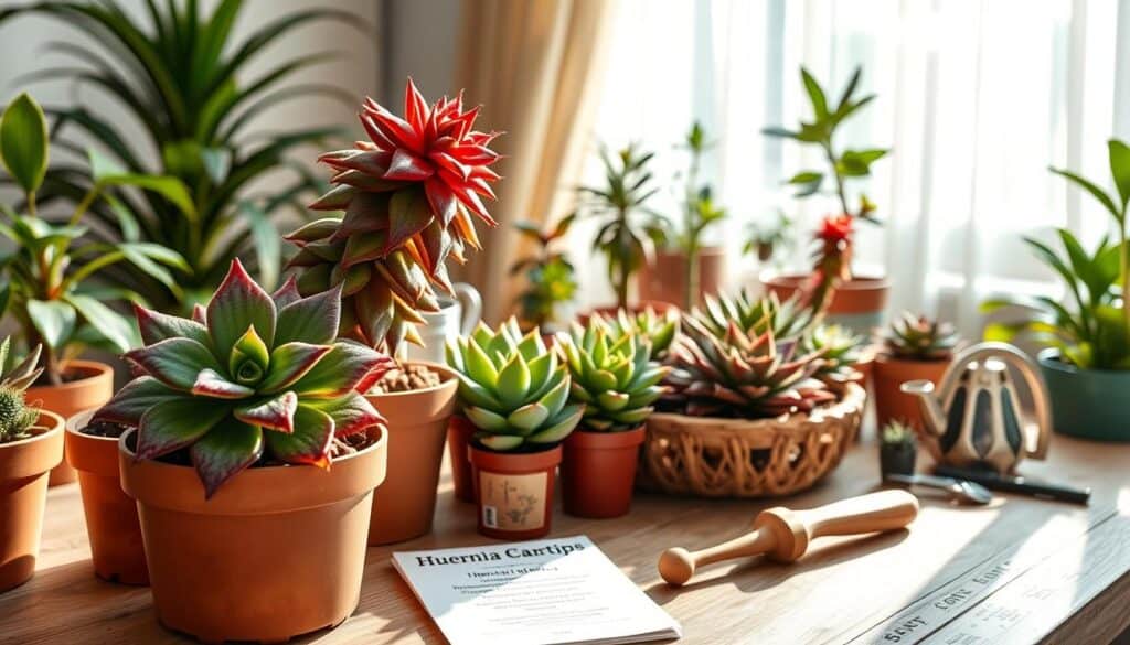 A beautifully arranged display of Huernia succulents in various sizes, showcasing their unique star-shaped flowers and textured leaves. In the foreground, feature a vibrant Huernia plant with deep green and maroon hues, accentuated by small terracotta pots and a wooden care guide with essential care tips. In the middle, soft sunlight streams through a window, highlighting additional Huernia plants nestled on a rustic wooden table, with a small watering can and gardening tools nearby. The background includes airy curtains, adding a warm and inviting atmosphere, with hints of greenery from other indoor plants. Capture this scene with a bright, natural light effect, creating a cozy, well-lit environment, focusing on the beauty and care of these unusual plants. A beautifully arranged display of Huernia succulents in various sizes, showcasing their unique star-shaped flowers and textured leaves. In the foreground, feature a vibrant Huernia plant with deep green and maroon hues, accentuated by small terracotta pots and a wooden care guide with essential care tips. In the middle, soft sunlight streams through a window, highlighting additional Huernia plants nestled on a rustic wooden table, with a small watering can and gardening tools nearby. The background includes airy curtains, adding a warm and inviting atmosphere, with hints of greenery from other indoor plants. Capture this scene with a bright, natural light effect, creating a cozy, well-lit environment, focusing on the beauty and care of these unusual plants.