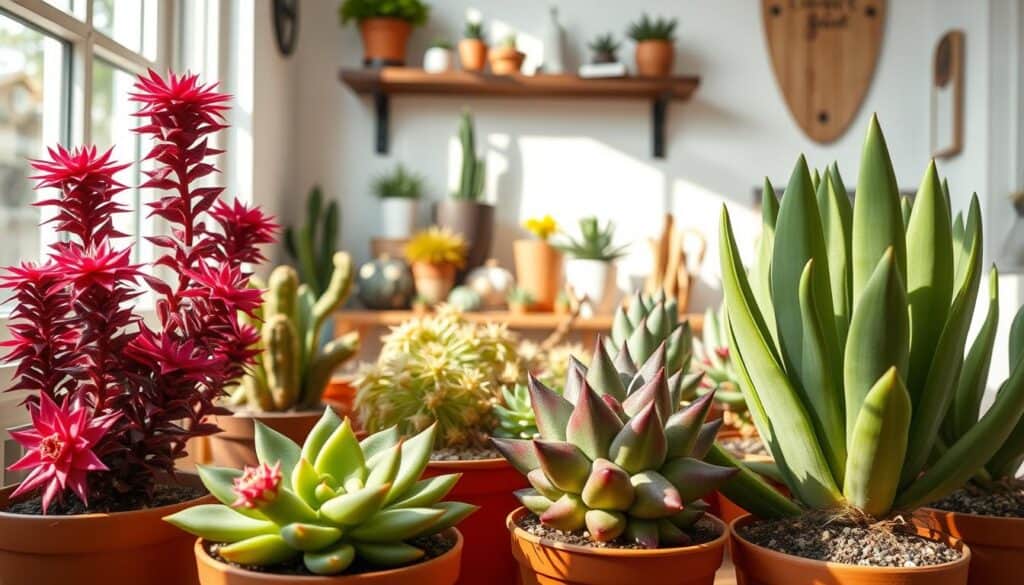 A beautifully arranged display of huernia succulents in a bright, airy home environment. The foreground features various huernia plants in terracotta pots, showcasing their unique and bizarre shapes, with star-shaped flowers in striking colors. Soft sunlight filters through a nearby window, casting gentle shadows and creating a warm atmosphere. In the middle ground, a rustic wooden shelf holds other succulents, accentuating the theme of exotic plant care. The background shows a well-lit room with light-colored walls and decorative elements like wooden accents and natural textures, enhancing the cozy and inviting mood. The overall lighting should be bright and natural, emphasizing the vibrant colors of the plants. The image captures the essence of an ideal environment for nurturing huernia succulents. A beautifully arranged display of huernia succulents in a bright, airy home environment. The foreground features various huernia plants in terracotta pots, showcasing their unique and bizarre shapes, with star-shaped flowers in striking colors. Soft sunlight filters through a nearby window, casting gentle shadows and creating a warm atmosphere. In the middle ground, a rustic wooden shelf holds other succulents, accentuating the theme of exotic plant care. The background shows a well-lit room with light-colored walls and decorative elements like wooden accents and natural textures, enhancing the cozy and inviting mood. The overall lighting should be bright and natural, emphasizing the vibrant colors of the plants. The image captures the essence of an ideal environment for nurturing huernia succulents.