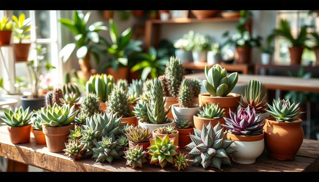 A beautifully arranged display of rare Huernia succulents on a rustic wooden table, showcasing their unique and intricate shapes. In the foreground, a variety of Huernia species with distinctive star-shaped flowers and textured leaves, highlighted by soft sunlight filtering through a nearby window, casting gentle shadows. The middle ground features a variety of pots—some made of terracotta and others of modern ceramic—with vibrant green and purple hues of the succulents creating a striking contrast. In the background, a blurred indoor garden setting filled with soft-focus natural elements, such as other plants, hints of greenery, and warm, inviting decor. The overall mood is serene and inviting, reflecting the beauty of these unusual plants in a home environment, captured with a shallow depth of field and bright, natural lighting. A beautifully arranged display of rare Huernia succulents on a rustic wooden table, showcasing their unique and intricate shapes. In the foreground, a variety of Huernia species with distinctive star-shaped flowers and textured leaves, highlighted by soft sunlight filtering through a nearby window, casting gentle shadows. The middle ground features a variety of pots—some made of terracotta and others of modern ceramic—with vibrant green and purple hues of the succulents creating a striking contrast. In the background, a blurred indoor garden setting filled with soft-focus natural elements, such as other plants, hints of greenery, and warm, inviting decor. The overall mood is serene and inviting, reflecting the beauty of these unusual plants in a home environment, captured with a shallow depth of field and bright, natural lighting.