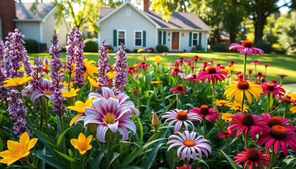A beautifully arranged flower bed filled with low maintenance perennial flowers, showcasing a vibrant display of colors like lavender, yellow, and deep red. In the foreground, clusters of daylilies and echinacea bloom, their petals catching the soft, warm sunlight. The middle ground features lush green foliage that complements the flowers, creating a natural and inviting look. In the background, a modest suburban home with charming shingle siding and a well-maintained lawn enhances the scene, framed by trees bathed in bright, natural light. The angle captures the flower bed from a slightly elevated perspective, ensuring an airy and well-lit ambiance that exudes tranquility and effortless beauty, perfect for a low maintenance landscape. A beautifully arranged flower bed filled with low maintenance perennial flowers, showcasing a vibrant display of colors like lavender, yellow, and deep red. In the foreground, clusters of daylilies and echinacea bloom, their petals catching the soft, warm sunlight. The middle ground features lush green foliage that complements the flowers, creating a natural and inviting look. In the background, a modest suburban home with charming shingle siding and a well-maintained lawn enhances the scene, framed by trees bathed in bright, natural light. The angle captures the flower bed from a slightly elevated perspective, ensuring an airy and well-lit ambiance that exudes tranquility and effortless beauty, perfect for a low maintenance landscape.