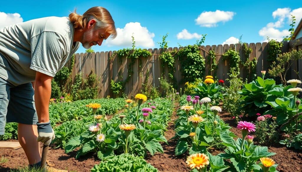 A beautifully arranged garden scene to illustrate proper plant spacing. In the foreground, a gardener bends down, inspecting the spacing between various flowering plants, wearing a modest t-shirt and gardening gloves. In the middle ground, vibrant green vegetable patches are interspersed with ornamental flowers, each clearly spaced to show their individual growth needs. The background features a wooden garden fence adorned with climbing vines, under a bright blue sky softened by fluffy white clouds. The scene is bathed in warm, natural sunlight, creating a welcoming atmosphere. The angle captures depth and detail, emphasizing the harmony of nature and the importance of thoughtful planning in a backyard garden. A beautifully arranged garden scene to illustrate proper plant spacing. In the foreground, a gardener bends down, inspecting the spacing between various flowering plants, wearing a modest t-shirt and gardening gloves. In the middle ground, vibrant green vegetable patches are interspersed with ornamental flowers, each clearly spaced to show their individual growth needs. The background features a wooden garden fence adorned with climbing vines, under a bright blue sky softened by fluffy white clouds. The scene is bathed in warm, natural sunlight, creating a welcoming atmosphere. The angle captures depth and detail, emphasizing the harmony of nature and the importance of thoughtful planning in a backyard garden.