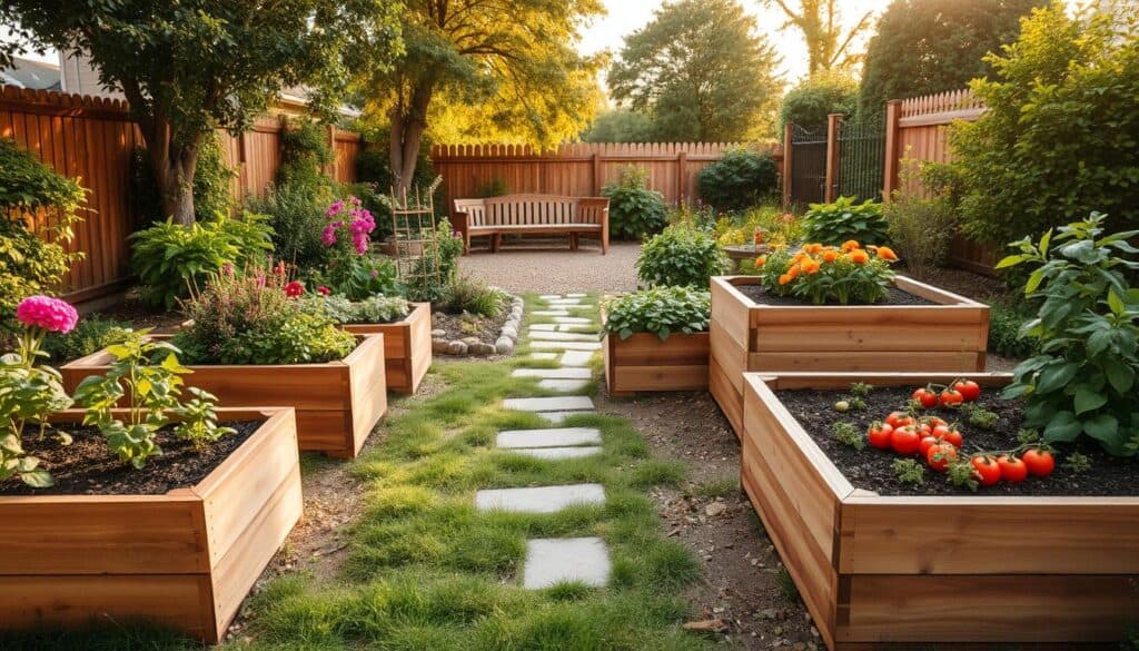 A beautifully arranged raised garden bed layout showcasing various styles and designs in a picturesque backyard setting. In the foreground, focus on three distinct raised garden beds made of rich, untreated wood, each filled with vibrant herbs, colorful flowers, and thriving vegetables like tomatoes and peppers. In the middle ground, incorporate a rustic garden path lined with stones and bordered by lush greenery, leading to a seating area with wooden benches under the dappled shade of trees. The background reveals a softly lit sky, suggesting late afternoon golden hour, enhancing the bright natural light and warm earthy tones. The atmosphere is inviting and serene, evoking a sense of tranquility and inspiration for gardening enthusiasts. A beautifully arranged raised garden bed layout showcasing various styles and designs in a picturesque backyard setting. In the foreground, focus on three distinct raised garden beds made of rich, untreated wood, each filled with vibrant herbs, colorful flowers, and thriving vegetables like tomatoes and peppers. In the middle ground, incorporate a rustic garden path lined with stones and bordered by lush greenery, leading to a seating area with wooden benches under the dappled shade of trees. The background reveals a softly lit sky, suggesting late afternoon golden hour, enhancing the bright natural light and warm earthy tones. The atmosphere is inviting and serene, evoking a sense of tranquility and inspiration for gardening enthusiasts.