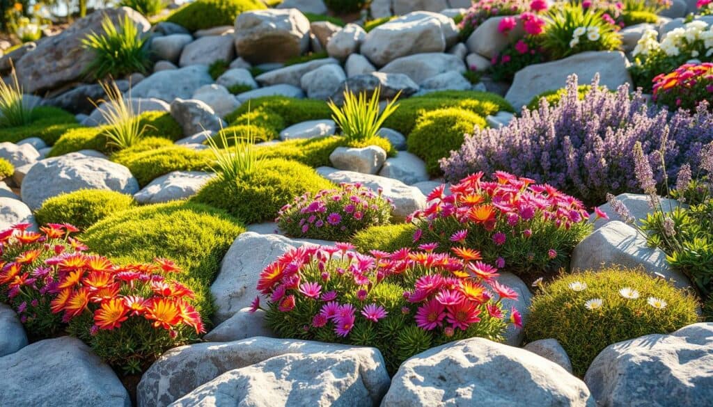 A beautifully composed rock garden filled with a variety of vibrant, hardy plants. In the foreground, clusters of colorful alpine flowers such as sedums, saxifrages, and alpine asters bloom amid smooth, natural stones, showcasing their textures. The middle ground features patches of lush green mosses and creeping thyme, softly spilling over the rocks, while a few ornamental grasses sway gently in the light breeze. In the background, a gentle slope rises, adorned with larger rocks and an assortment of perennials like daisies and lavender, all bathed in bright, natural light. The scene is set during the golden hour, with soft sunlight illuminating the colors, creating an inviting and tranquil atmosphere, perfect for a warm garden retreat. The composition is captured from a slightly elevated angle to provide depth and showcase the plant layering in the rockery. A beautifully composed rock garden filled with a variety of vibrant, hardy plants. In the foreground, clusters of colorful alpine flowers such as sedums, saxifrages, and alpine asters bloom amid smooth, natural stones, showcasing their textures. The middle ground features patches of lush green mosses and creeping thyme, softly spilling over the rocks, while a few ornamental grasses sway gently in the light breeze. In the background, a gentle slope rises, adorned with larger rocks and an assortment of perennials like daisies and lavender, all bathed in bright, natural light. The scene is set during the golden hour, with soft sunlight illuminating the colors, creating an inviting and tranquil atmosphere, perfect for a warm garden retreat. The composition is captured from a slightly elevated angle to provide depth and showcase the plant layering in the rockery.