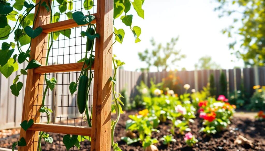 A beautifully constructed ladder mesh trellis stands in the foreground, showcasing a DIY design using wooden rungs and sturdy wire mesh for climbing plants like cucumbers and beans. The trellis is adorned with lush green vines spiraling up each rung, creating a vibrant display of vertical growth. In the middle ground, a small garden plot features colorful flowers and healthy vegetables growing in rich soil, bathed in bright natural light. The background shows a sunny backyard with a soft blue sky and hints of leafy trees, adding depth and a cheerful atmosphere. The overall scene is well-lit, emphasizing the textures of the wood and the vibrancy of the plants, evoking a sense of tranquility and accomplishment in gardening. A beautifully constructed ladder mesh trellis stands in the foreground, showcasing a DIY design using wooden rungs and sturdy wire mesh for climbing plants like cucumbers and beans. The trellis is adorned with lush green vines spiraling up each rung, creating a vibrant display of vertical growth. In the middle ground, a small garden plot features colorful flowers and healthy vegetables growing in rich soil, bathed in bright natural light. The background shows a sunny backyard with a soft blue sky and hints of leafy trees, adding depth and a cheerful atmosphere. The overall scene is well-lit, emphasizing the textures of the wood and the vibrancy of the plants, evoking a sense of tranquility and accomplishment in gardening.