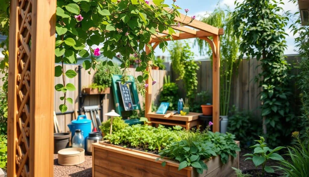 A beautifully constructed raised bed trellis in a small garden setting, with vibrant green climbing plants and colorful flowers adorning the trellis, showcasing the beauty of vertical gardening. In the foreground, focus on the wooden trellis with intricate details, while the raised bed below is filled with healthy vegetables and herbs. The middle ground features a neatly organized garden space with tools and planting supplies, reflecting a DIY atmosphere. The background includes a sunny sky with soft, natural light filtering through, highlighting the lush greenery around the garden. Capture the scene from a slightly elevated angle to emphasize the vertical elements, creating a sense of openness and tranquility. The overall mood is bright, inviting, and encouraging for home gardening enthusiasts. A beautifully constructed raised bed trellis in a small garden setting, with vibrant green climbing plants and colorful flowers adorning the trellis, showcasing the beauty of vertical gardening. In the foreground, focus on the wooden trellis with intricate details, while the raised bed below is filled with healthy vegetables and herbs. The middle ground features a neatly organized garden space with tools and planting supplies, reflecting a DIY atmosphere. The background includes a sunny sky with soft, natural light filtering through, highlighting the lush greenery around the garden. Capture the scene from a slightly elevated angle to emphasize the vertical elements, creating a sense of openness and tranquility. The overall mood is bright, inviting, and encouraging for home gardening enthusiasts.
