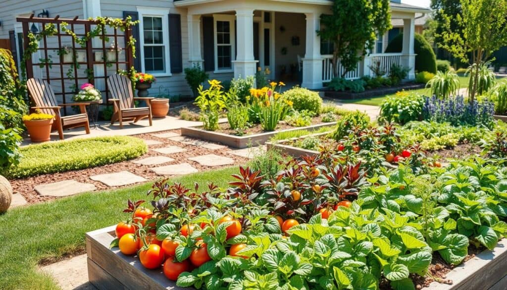 A beautifully designed front yard garden featuring an inviting edible landscape. In the foreground, a raised vegetable bed filled with vibrant leafy greens, colorful tomatoes, and blooming herbs surrounded by natural stone pathways. To the left, a cozy seating area with rustic wooden chairs and a small table, adorned with potted flowers and a trellis draped in climbing vines for added charm. The middle ground showcases a well-manicured lawn and diverse planted beds with a variety of vegetables arranged in a visually appealing layout. In the background, a charming home with a welcoming porch and large windows lets in soft, natural sunlight. The scene embodies a sunny, cheerful atmosphere, emphasizing creativity and curb appeal while highlighting the practicality of an edible garden design. The image captures a warm, inviting mood, perfect for inspiring gardening enthusiasts. A beautifully designed front yard garden featuring an inviting edible landscape. In the foreground, a raised vegetable bed filled with vibrant leafy greens, colorful tomatoes, and blooming herbs surrounded by natural stone pathways. To the left, a cozy seating area with rustic wooden chairs and a small table, adorned with potted flowers and a trellis draped in climbing vines for added charm. The middle ground showcases a well-manicured lawn and diverse planted beds with a variety of vegetables arranged in a visually appealing layout. In the background, a charming home with a welcoming porch and large windows lets in soft, natural sunlight. The scene embodies a sunny, cheerful atmosphere, emphasizing creativity and curb appeal while highlighting the practicality of an edible garden design. The image captures a warm, inviting mood, perfect for inspiring gardening enthusiasts.
