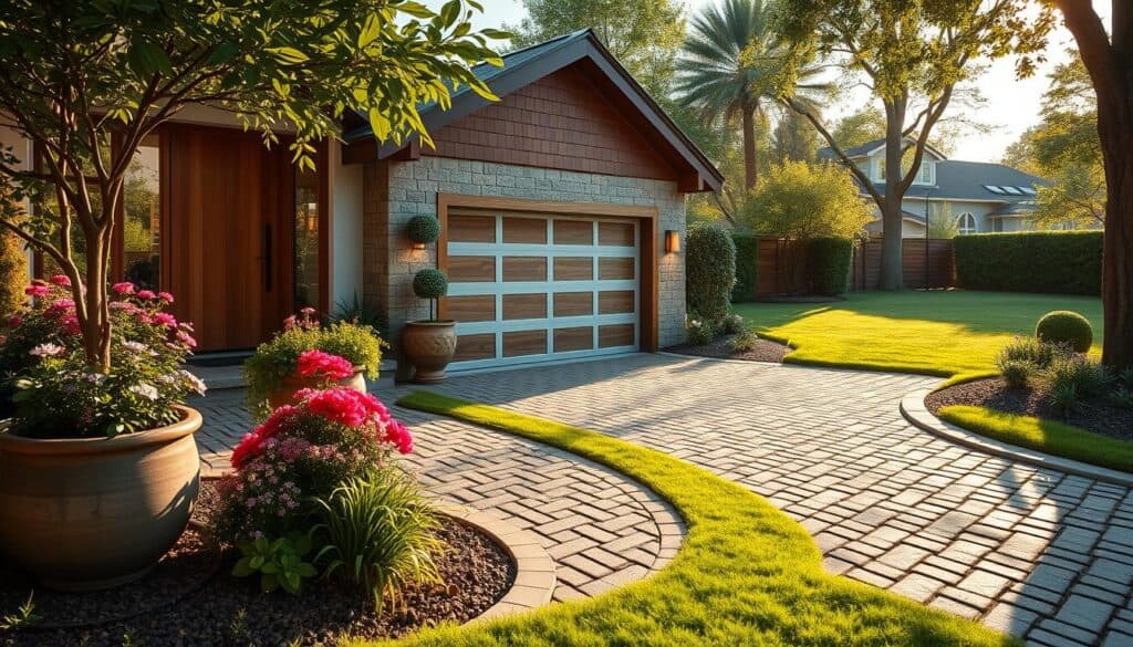A beautifully designed garage exterior nestled within a vibrant landscape. In the foreground, decorative planters filled with colorful flowers and lush greenery frame the garage entrance, creating a welcoming atmosphere. The garage features a modern, stylish wooden door and eco-friendly materials, complemented by large windows that reflect natural light. In the middle ground, a cobblestone driveway leads up to the garage, enhanced by subtle landscape lighting casting warm glows. The background showcases a neatly trimmed lawn and strategically placed trees, providing shade while enhancing privacy. The scene is bathed in soft, warm sunlight, creating an inviting and tranquil mood. The perspective is captured from an angle that emphasizes both the garage and the surrounding landscape, showcasing the harmonious relationship between architecture and nature. A beautifully designed garage exterior nestled within a vibrant landscape. In the foreground, decorative planters filled with colorful flowers and lush greenery frame the garage entrance, creating a welcoming atmosphere. The garage features a modern, stylish wooden door and eco-friendly materials, complemented by large windows that reflect natural light. In the middle ground, a cobblestone driveway leads up to the garage, enhanced by subtle landscape lighting casting warm glows. The background showcases a neatly trimmed lawn and strategically placed trees, providing shade while enhancing privacy. The scene is bathed in soft, warm sunlight, creating an inviting and tranquil mood. The perspective is captured from an angle that emphasizes both the garage and the surrounding landscape, showcasing the harmonious relationship between architecture and nature.