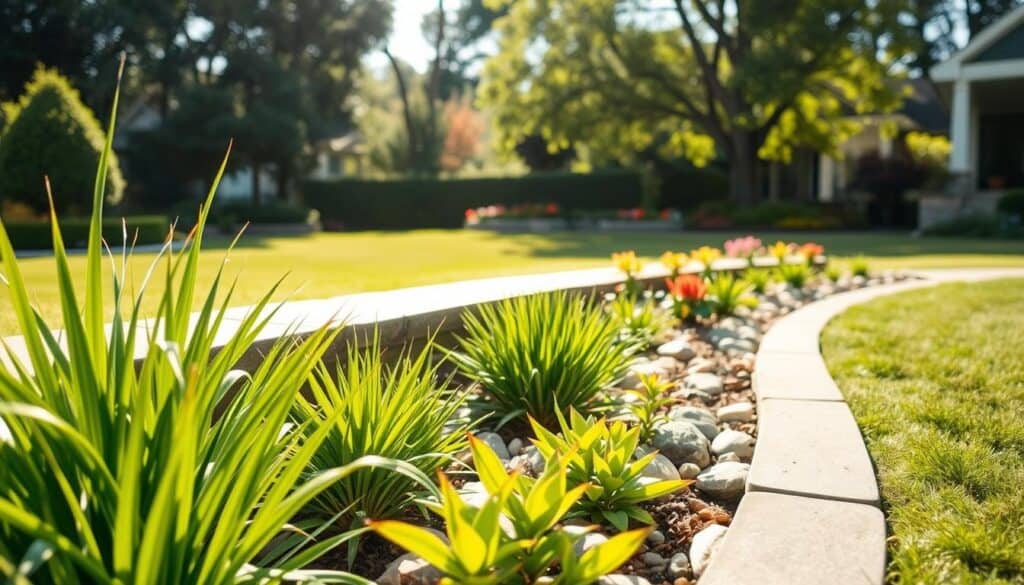 A beautifully designed low maintenance garden edging showcases a mix of natural stones and modern concrete borders, enhancing the architectural appeal of a front yard landscape. In the foreground, vibrant green plants, such as ornamental grasses and ornamental shrubs, frame the edging, providing texture and contrast. The middle ground features neatly arranged flower beds with pops of color from seasonal blooms. In the background, a cleanly manicured lawn stretches beneath bright, natural light, with soft sunlight filtering through nearby trees, creating an inviting atmosphere. The angle captures the garden edging's details to highlight its functionality and aesthetic, inviting viewers to imagine a sophisticated yet easy-care front yard display. The overall mood is serene and elegant, emphasizing effortless beauty in landscaping. A beautifully designed low maintenance garden edging showcases a mix of natural stones and modern concrete borders, enhancing the architectural appeal of a front yard landscape. In the foreground, vibrant green plants, such as ornamental grasses and ornamental shrubs, frame the edging, providing texture and contrast. The middle ground features neatly arranged flower beds with pops of color from seasonal blooms. In the background, a cleanly manicured lawn stretches beneath bright, natural light, with soft sunlight filtering through nearby trees, creating an inviting atmosphere. The angle captures the garden edging's details to highlight its functionality and aesthetic, inviting viewers to imagine a sophisticated yet easy-care front yard display. The overall mood is serene and elegant, emphasizing effortless beauty in landscaping.