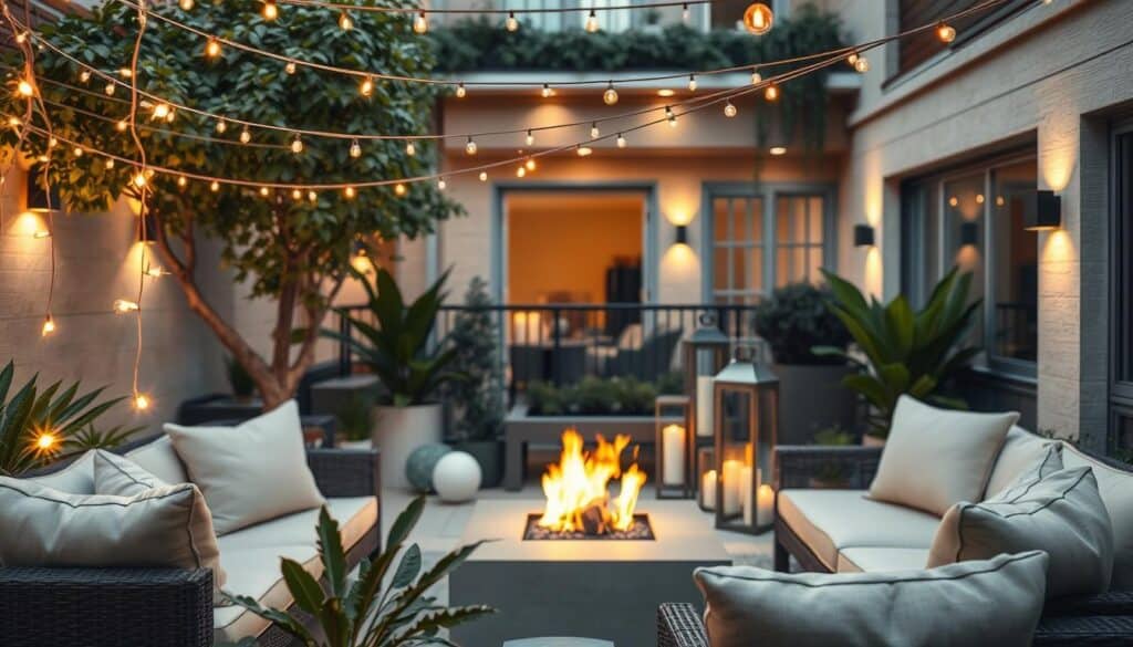 A beautifully designed luxury patio in a small urban space, featuring an elegant arrangement of soft, warm lighting. The foreground shows delicate string lights draped gracefully over a cozy seating area, complete with plush cushions and a stylish coffee table. In the middle ground, a sleek fire pit surrounded by well-kept plants and tall lanterns casting gentle shadows enhances the ambiance. The background features a tastefully decorated balcony with subtle recessed lighting highlighting the architectural details. The scene is drenched in soft, golden sunlight, creating an inviting and serene atmosphere. Capture the essence of luxury and comfort in a fresh, airy setting. A beautifully designed luxury patio in a small urban space, featuring an elegant arrangement of soft, warm lighting. The foreground shows delicate string lights draped gracefully over a cozy seating area, complete with plush cushions and a stylish coffee table. In the middle ground, a sleek fire pit surrounded by well-kept plants and tall lanterns casting gentle shadows enhances the ambiance. The background features a tastefully decorated balcony with subtle recessed lighting highlighting the architectural details. The scene is drenched in soft, golden sunlight, creating an inviting and serene atmosphere. Capture the essence of luxury and comfort in a fresh, airy setting.