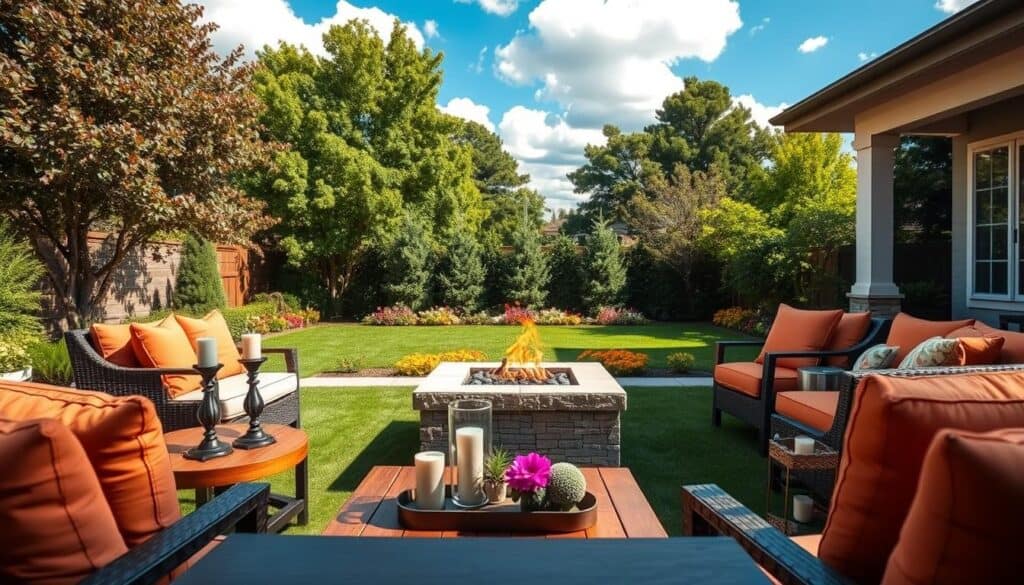 A beautifully designed outdoor living space featuring a stylish fire pit as the focal point, surrounded by comfortable, modern seating with plush cushions in a warm color palette. In the foreground, a wooden coffee table adorned with elegant candlesticks and decorative plants adds charm. The middle ground includes a well-maintained green lawn with vibrant flower beds, while soft ambient lighting from the fire pit casts a warm glow. In the background, lush trees provide a natural backdrop under a bright blue sky filled with fluffy white clouds. The scene is bathed in soft sunlight, creating an inviting and relaxing atmosphere perfect for gatherings. Capture this from a slightly elevated angle to emphasize the layout and details without any text or overlays. A beautifully designed outdoor living space featuring a stylish fire pit as the focal point, surrounded by comfortable, modern seating with plush cushions in a warm color palette. In the foreground, a wooden coffee table adorned with elegant candlesticks and decorative plants adds charm. The middle ground includes a well-maintained green lawn with vibrant flower beds, while soft ambient lighting from the fire pit casts a warm glow. In the background, lush trees provide a natural backdrop under a bright blue sky filled with fluffy white clouds. The scene is bathed in soft sunlight, creating an inviting and relaxing atmosphere perfect for gatherings. Capture this from a slightly elevated angle to emphasize the layout and details without any text or overlays.