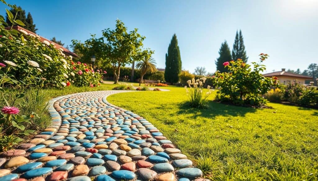 A beautifully designed pebble mosaic garden path winds through a lush garden, with colorful stones arranged in intricate patterns. In the foreground, the mosaic features vibrant pebbles in shades of blue, red, and yellow, creating an inviting and artistic feel. The middle ground showcases the path flanked by green grass and blooming flowers, enhancing the natural charm. In the background, a collection of leafy shrubs and a few tall trees gently sway under a clear blue sky, bathed in soft sunlight. The warm, inviting atmosphere is complemented by bright, natural light highlighting the texture of the pebbles and plants. The perspective captures the path from a slightly elevated angle, emphasizing its beauty and inviting viewers to imagine walking along this stunning mosaic walkway. A beautifully designed pebble mosaic garden path winds through a lush garden, with colorful stones arranged in intricate patterns. In the foreground, the mosaic features vibrant pebbles in shades of blue, red, and yellow, creating an inviting and artistic feel. The middle ground showcases the path flanked by green grass and blooming flowers, enhancing the natural charm. In the background, a collection of leafy shrubs and a few tall trees gently sway under a clear blue sky, bathed in soft sunlight. The warm, inviting atmosphere is complemented by bright, natural light highlighting the texture of the pebbles and plants. The perspective captures the path from a slightly elevated angle, emphasizing its beauty and inviting viewers to imagine walking along this stunning mosaic walkway.
