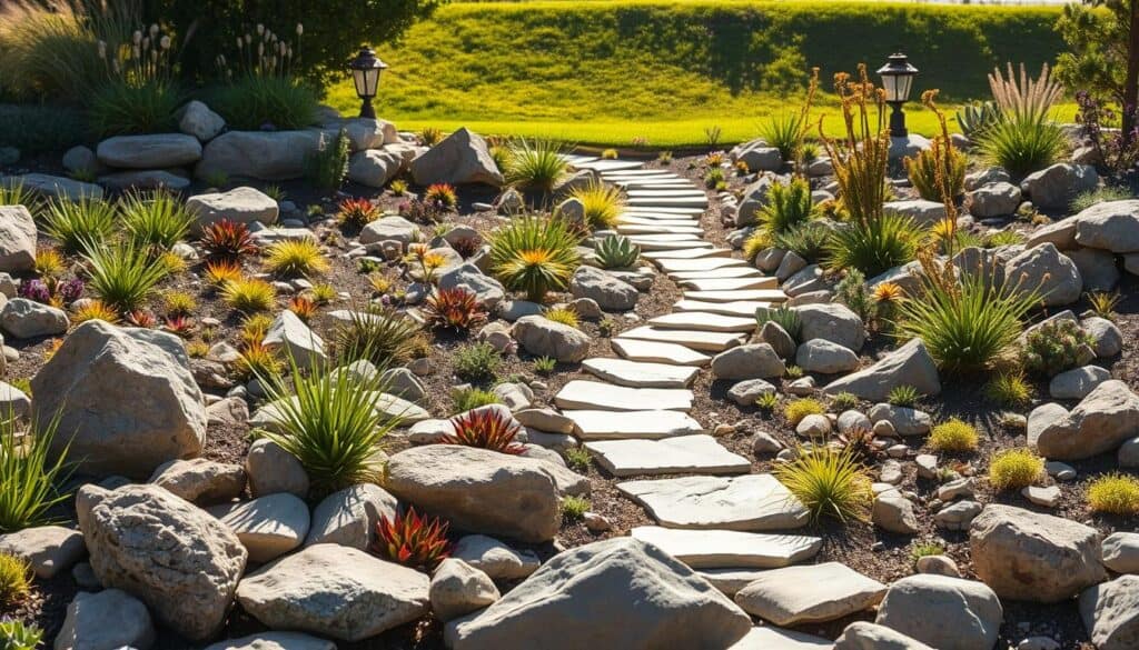 A beautifully designed rock garden in a vibrant backyard, featuring essential elements for a stunning visual appeal. In the foreground, a variety of smooth river stones and jagged boulders are artfully arranged, interspersed with colorful low-growing succulents and hardy alpine plants. The middle ground showcases a graceful meandering pathway made of flat stones, leading through clusters of ornamental grasses and small flowering plants. In the background, a gently sloping hill covered with lush greenery enhances the natural feel. The scene is bathed in bright, soft sunlight, creating warm highlights and gentle shadows, with a slight depth of field to focus on the rock garden's details while blurring the more distant elements. The atmosphere is tranquil and inviting, perfect for relaxation and contemplation. A beautifully designed rock garden in a vibrant backyard, featuring essential elements for a stunning visual appeal. In the foreground, a variety of smooth river stones and jagged boulders are artfully arranged, interspersed with colorful low-growing succulents and hardy alpine plants. The middle ground showcases a graceful meandering pathway made of flat stones, leading through clusters of ornamental grasses and small flowering plants. In the background, a gently sloping hill covered with lush greenery enhances the natural feel. The scene is bathed in bright, soft sunlight, creating warm highlights and gentle shadows, with a slight depth of field to focus on the rock garden's details while blurring the more distant elements. The atmosphere is tranquil and inviting, perfect for relaxation and contemplation.