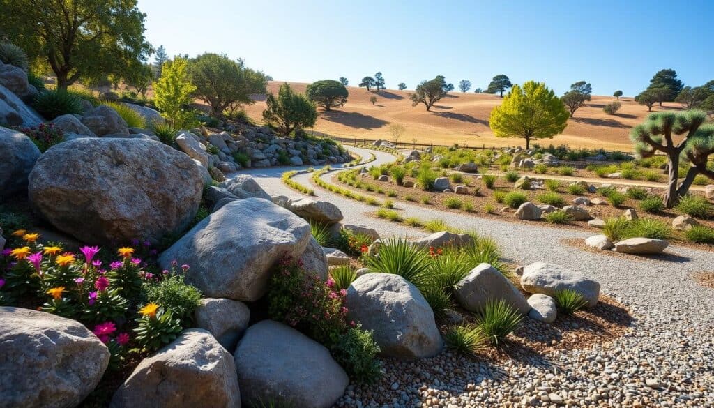 A beautifully designed rock garden, showcasing a harmonious blend of natural stones and vibrant greenery. In the foreground, large, smooth boulders are arranged artistically among colorful flowers such as primroses and succulents, creating pops of color. In the middle ground, gently sloping pathways made of gravel wind through the garden, leading to neatly terraced areas with lush plantings. The background features a gently rolling hillside with a variety of trees casting soft shadows, under a bright blue sky. The lighting is warm and inviting, with soft sunlight enhancing the textures of the rocks and plants. The overall atmosphere is serene and tranquil, evoking a sense of harmony with nature. A beautifully designed rock garden, showcasing a harmonious blend of natural stones and vibrant greenery. In the foreground, large, smooth boulders are arranged artistically among colorful flowers such as primroses and succulents, creating pops of color. In the middle ground, gently sloping pathways made of gravel wind through the garden, leading to neatly terraced areas with lush plantings. The background features a gently rolling hillside with a variety of trees casting soft shadows, under a bright blue sky. The lighting is warm and inviting, with soft sunlight enhancing the textures of the rocks and plants. The overall atmosphere is serene and tranquil, evoking a sense of harmony with nature.