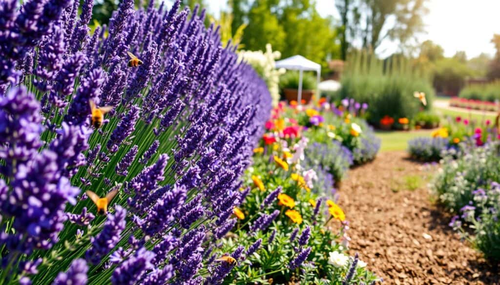 A beautifully designed sensory garden featuring a vibrant border of lavender plants, their purple blossoms creating a lush, fragrant line. In the foreground, bees and butterflies flutter among the lavender, emphasizing the garden's lively ecosystem. The middle ground showcases various other sensory plants, including colorful flowers and fragrant herbs, all harmonizing in a well-manicured landscape. The background reveals a bright, sunny sky filtered through soft sunlight, casting gentle shadows across the garden. The scene is arranged with a focus on depth and texture, captured from a slightly elevated angle to enhance the layout. The atmosphere feels inviting and tranquil, ideal for relaxation and sensory exploration, showcasing the beauty and benefits of fragrant border plants. A beautifully designed sensory garden featuring a vibrant border of lavender plants, their purple blossoms creating a lush, fragrant line. In the foreground, bees and butterflies flutter among the lavender, emphasizing the garden's lively ecosystem. The middle ground showcases various other sensory plants, including colorful flowers and fragrant herbs, all harmonizing in a well-manicured landscape. The background reveals a bright, sunny sky filtered through soft sunlight, casting gentle shadows across the garden. The scene is arranged with a focus on depth and texture, captured from a slightly elevated angle to enhance the layout. The atmosphere feels inviting and tranquil, ideal for relaxation and sensory exploration, showcasing the beauty and benefits of fragrant border plants.