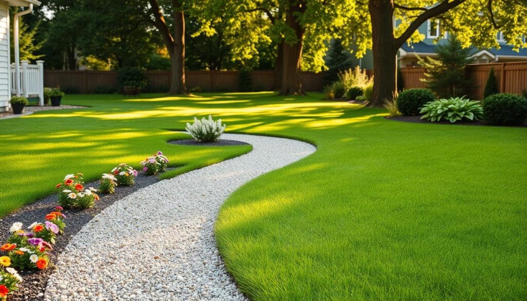 A beautifully designed side yard featuring a gravel walkway, gently winding through lush, manicured grass. In the foreground, the gravel path is lined with small, colorful flower beds filled with vibrant blooms such as daisies and pansies, creating a cheerful atmosphere. The middle ground showcases a well-kept lawn with a few ornamental bushes, adding texture. In the background, tall trees provide dappled sunlight, casting soft shadows across the scene. The overall lighting is bright and natural, with golden morning light illuminating the walkway, enhancing the serene and inviting mood. The perspective is slightly elevated, capturing the layout and flow of the space, inviting viewers to imagine strolling along the path in a peaceful, outdoor retreat. A beautifully designed side yard featuring a gravel walkway, gently winding through lush, manicured grass. In the foreground, the gravel path is lined with small, colorful flower beds filled with vibrant blooms such as daisies and pansies, creating a cheerful atmosphere. The middle ground showcases a well-kept lawn with a few ornamental bushes, adding texture. In the background, tall trees provide dappled sunlight, casting soft shadows across the scene. The overall lighting is bright and natural, with golden morning light illuminating the walkway, enhancing the serene and inviting mood. The perspective is slightly elevated, capturing the layout and flow of the space, inviting viewers to imagine strolling along the path in a peaceful, outdoor retreat.