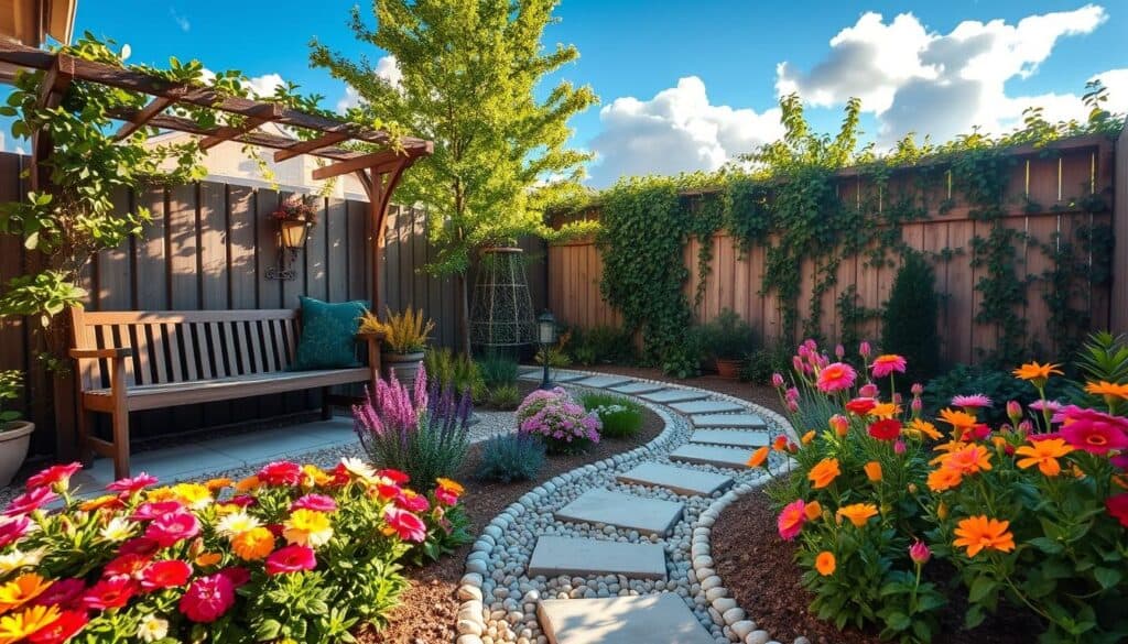 A beautifully designed side yard showcasing a transformation from wasted space to an enchanting garden oasis. In the foreground, vibrant flower beds with a variety of colorful blooms, bordered by decorative pebbles. To the left, a charming wooden bench nestled beneath a trellis adorned with climbing plants, casting soft shadows. In the middle, a winding pathway made of natural stone leads through lush greenery, with whimsical garden lights adding allure as dusk approaches. The background features a quaint fence covered in climbing vines, with a soft blue sky and fluffy white clouds, capturing the essence of a serene outdoor retreat. Bright natural light filters through, illuminating the scene with a warm glow, evoking a cheerful, inviting atmosphere perfect for relaxation and enjoyment. A beautifully designed side yard showcasing a transformation from wasted space to an enchanting garden oasis. In the foreground, vibrant flower beds with a variety of colorful blooms, bordered by decorative pebbles. To the left, a charming wooden bench nestled beneath a trellis adorned with climbing plants, casting soft shadows. In the middle, a winding pathway made of natural stone leads through lush greenery, with whimsical garden lights adding allure as dusk approaches. The background features a quaint fence covered in climbing vines, with a soft blue sky and fluffy white clouds, capturing the essence of a serene outdoor retreat. Bright natural light filters through, illuminating the scene with a warm glow, evoking a cheerful, inviting atmosphere perfect for relaxation and enjoyment.