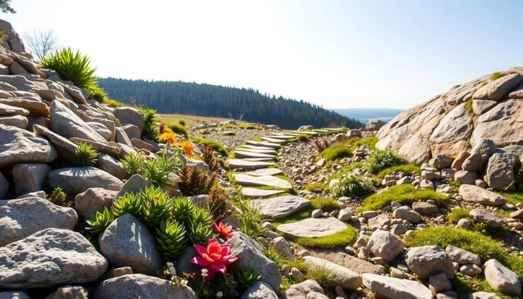 A beautifully designed sloping rock garden, featuring an array of colorful stones and native plants. In the foreground, vibrant succulents and delicate flowers grow between the rocks, adding pops of color amidst the gray and brown hues of the stones. The middle ground showcases a skillfully arranged path of stepping stones winding up the slope, bordered by moss and low-lying greenery. In the background, a gentle slope leads to a serene view of a distant forest under bright, clear skies lit by soft, natural sunlight. The scene captures a tranquil, inviting atmosphere, perfect for a home garden, with an emphasis on harmony between rocks and plants, showcasing innovative rock landscaping techniques. A beautifully designed sloping rock garden, featuring an array of colorful stones and native plants. In the foreground, vibrant succulents and delicate flowers grow between the rocks, adding pops of color amidst the gray and brown hues of the stones. The middle ground showcases a skillfully arranged path of stepping stones winding up the slope, bordered by moss and low-lying greenery. In the background, a gentle slope leads to a serene view of a distant forest under bright, clear skies lit by soft, natural sunlight. The scene captures a tranquil, inviting atmosphere, perfect for a home garden, with an emphasis on harmony between rocks and plants, showcasing innovative rock landscaping techniques.