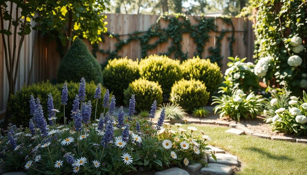 A beautifully designed small backyard showcasing layered landscaping for depth. In the foreground, a charming, well-maintained flower bed filled with vibrant perennials, including lavender and daisies, bordered by decorative stones. In the middle ground, a series of shrubs like boxwood and hydrangeas create a natural partition, adding dimension. The background features a wooden fence draped with climbing vines, offering a serene backdrop. Soft sunlight filters through the leaves, creating dappled shadows, adding warmth and inviting ambiance. Captured with a wide-angle lens from a low perspective, the composition emphasizes the layers of plants, encouraging viewers to appreciate the depth and lushness of this small yet enchanting space. The mood is tranquil, fresh, and inviting, perfect for a serene outdoor retreat. A beautifully designed small backyard showcasing layered landscaping for depth. In the foreground, a charming, well-maintained flower bed filled with vibrant perennials, including lavender and daisies, bordered by decorative stones. In the middle ground, a series of shrubs like boxwood and hydrangeas create a natural partition, adding dimension. The background features a wooden fence draped with climbing vines, offering a serene backdrop. Soft sunlight filters through the leaves, creating dappled shadows, adding warmth and inviting ambiance. Captured with a wide-angle lens from a low perspective, the composition emphasizes the layers of plants, encouraging viewers to appreciate the depth and lushness of this small yet enchanting space. The mood is tranquil, fresh, and inviting, perfect for a serene outdoor retreat.