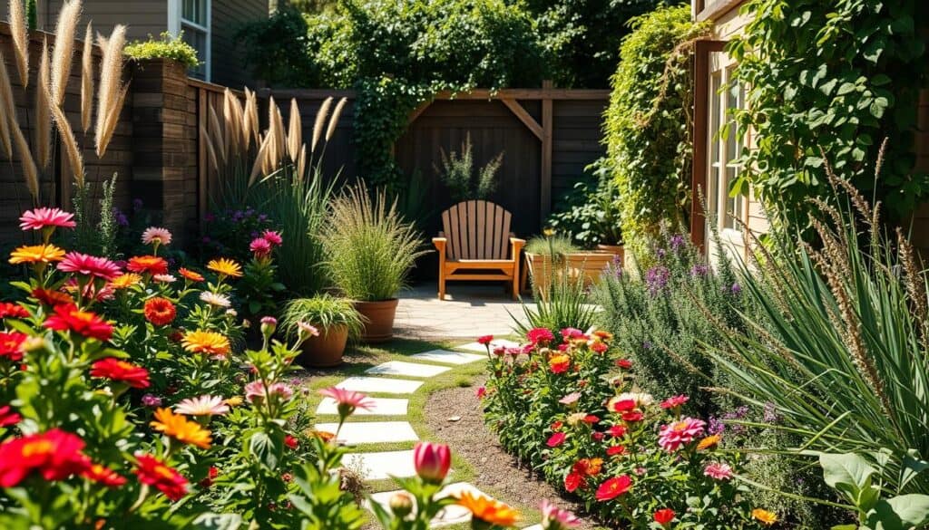 A beautifully designed small backyard that creates an illusion of spaciousness through strategic plant layout. In the foreground, vibrant flowering plants in varied heights, interspersed with lush greenery, draw the eye. The middle ground features a meandering pathway lined with potted plants that lead to a cozy seating area with natural wooden furniture, bathed in soft sunlight. In the background, tall ornamental grasses and a trellis covered in climbing vines add depth, enhancing the feeling of openness. The composition captures a serene atmosphere, with bright natural light illuminating the scene, creating inviting shadows. The angle showcases the layers of plants, emphasizing their role in expanding the perception of space. Overall, the image reflects tranquility and smart design, ideal for a welcoming backyard retreat. A beautifully designed small backyard that creates an illusion of spaciousness through strategic plant layout. In the foreground, vibrant flowering plants in varied heights, interspersed with lush greenery, draw the eye. The middle ground features a meandering pathway lined with potted plants that lead to a cozy seating area with natural wooden furniture, bathed in soft sunlight. In the background, tall ornamental grasses and a trellis covered in climbing vines add depth, enhancing the feeling of openness. The composition captures a serene atmosphere, with bright natural light illuminating the scene, creating inviting shadows. The angle showcases the layers of plants, emphasizing their role in expanding the perception of space. Overall, the image reflects tranquility and smart design, ideal for a welcoming backyard retreat.