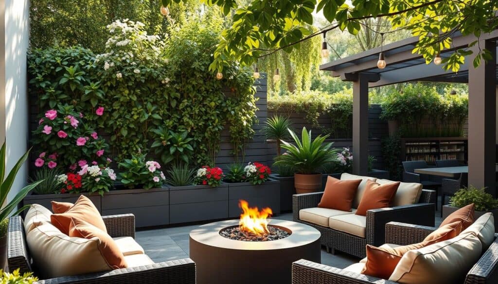 A beautifully designed small outdoor living space showcasing strategic layouts for maximizing functionality and luxury. In the foreground, a cozy seating area with elegant, modern furniture set around a sleek fire pit, adorned with plush cushions in rich textures. The middle features a delightful vertical garden, planters overflowing with vibrant flowers, and greenery that create a natural privacy screen. In the background, a stylish pergola offers shade, with hanging lights casting soft glows. Bright natural light bathes the scene, enhanced by soft sunlight filtering through leaves. Capture the inviting atmosphere from a slightly elevated angle, showcasing the spatial arrangement while maintaining a sense of intimacy and elegance. Ideal for a serene outdoor escape. A beautifully designed small outdoor living space showcasing strategic layouts for maximizing functionality and luxury. In the foreground, a cozy seating area with elegant, modern furniture set around a sleek fire pit, adorned with plush cushions in rich textures. The middle features a delightful vertical garden, planters overflowing with vibrant flowers, and greenery that create a natural privacy screen. In the background, a stylish pergola offers shade, with hanging lights casting soft glows. Bright natural light bathes the scene, enhanced by soft sunlight filtering through leaves. Capture the inviting atmosphere from a slightly elevated angle, showcasing the spatial arrangement while maintaining a sense of intimacy and elegance. Ideal for a serene outdoor escape.